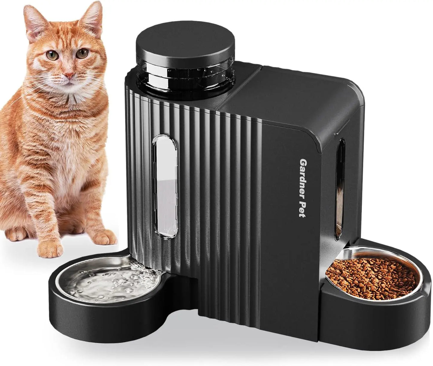 Gravity Pet Feeder & Water Dispenser Set with Stainless Steel Bowls Black Large (0.8 Gallon X 2)