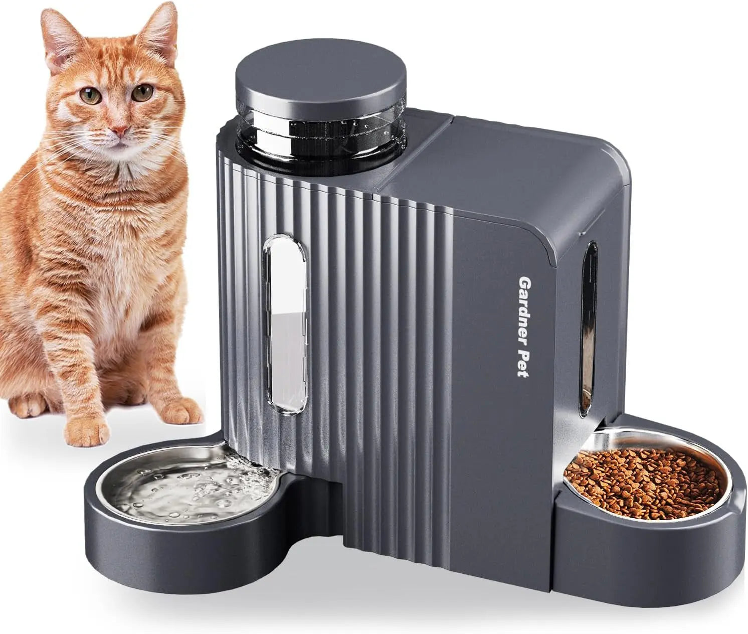 Gravity Pet Feeder & Water Dispenser Set with Stainless Steel Bowls Black Grey Large (0.8 Gallon X 2)