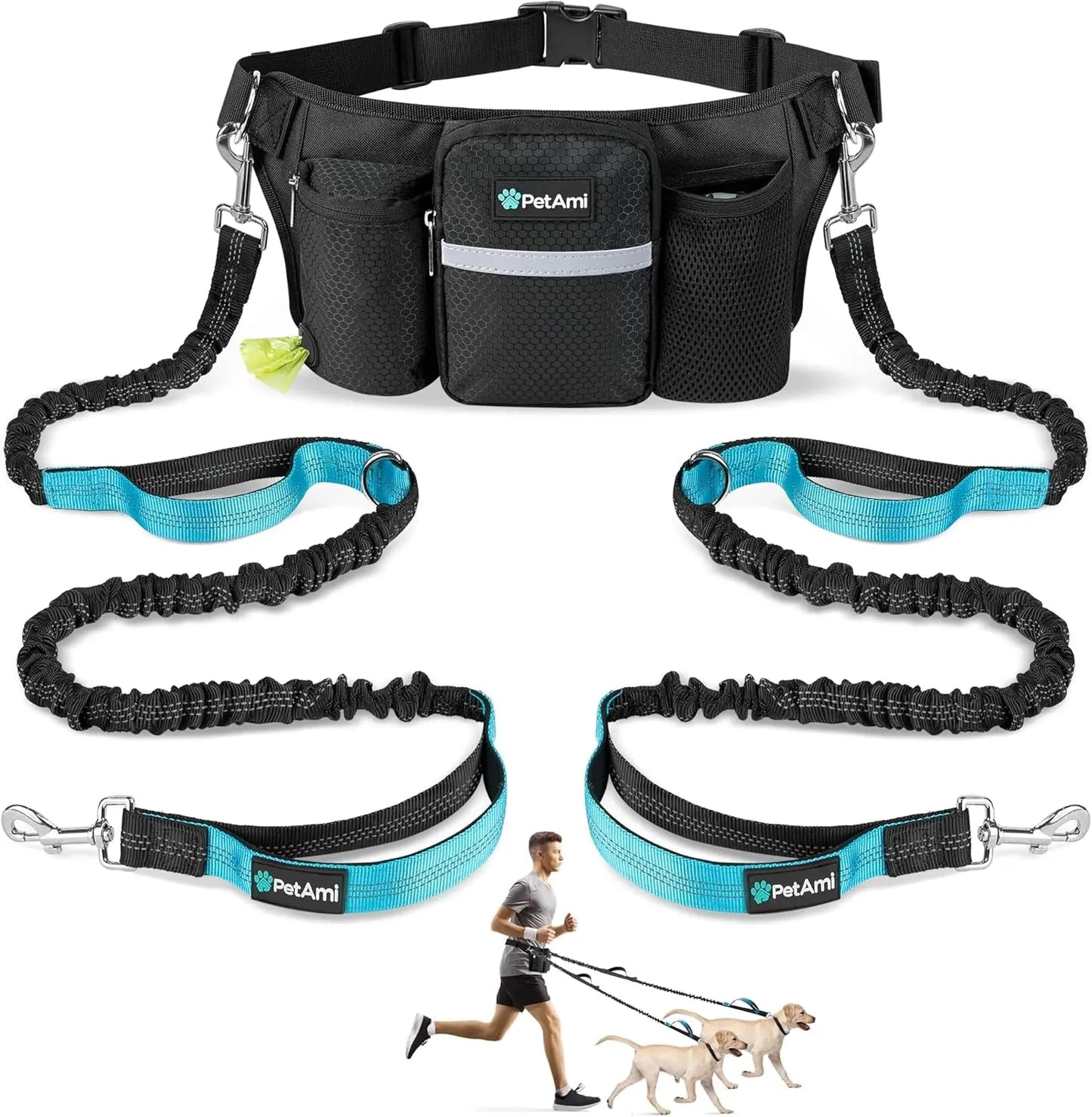 Hands Free Dog Leash Dual Bungee Waist Belt Adjustable Running Walking 2 Dogs Black 2 Leashes