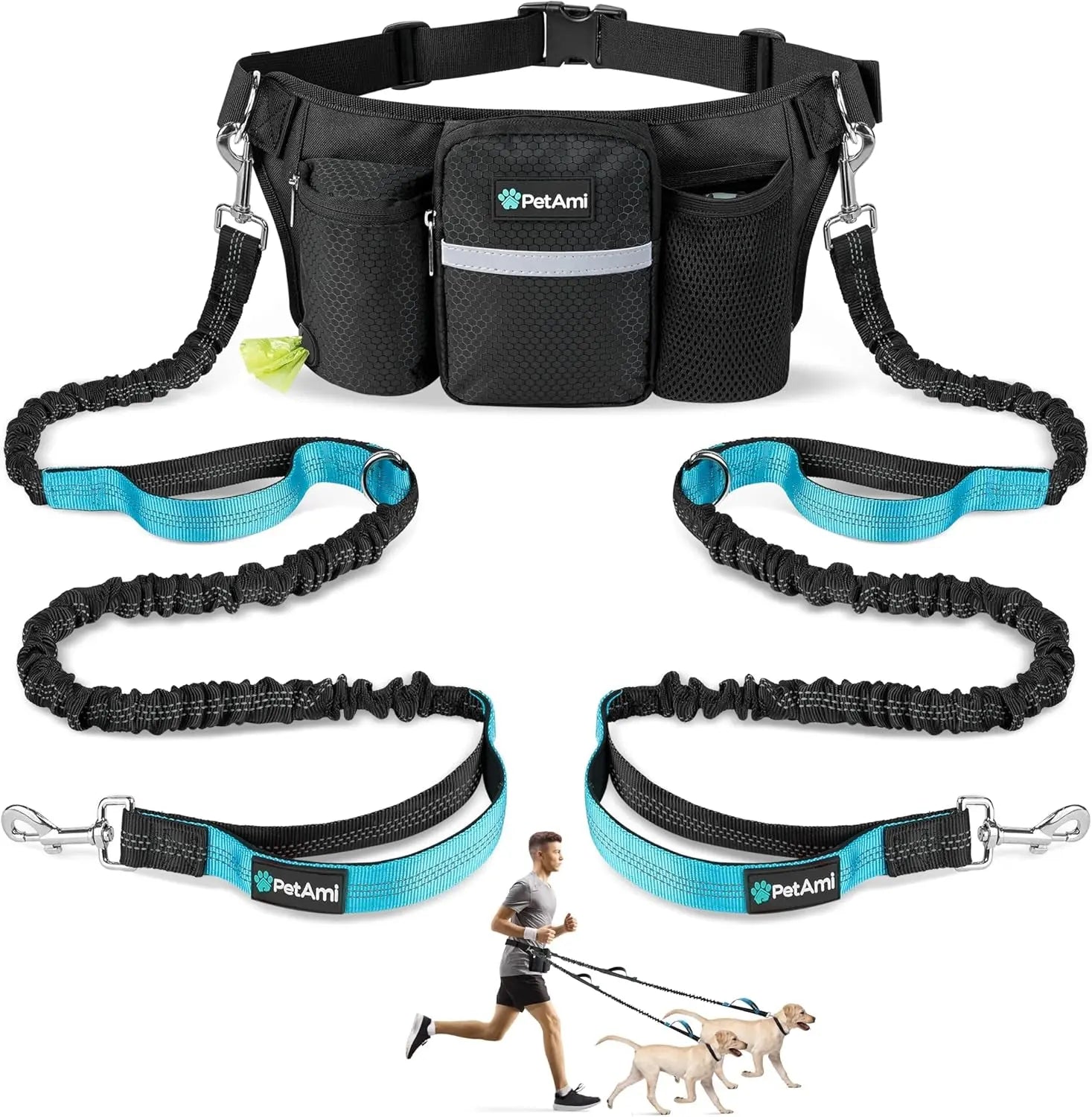 Hands Free Dog Leash Dual Bungee Waist Belt Adjustable Running Walking 2 Dogs Black 2 Leashes