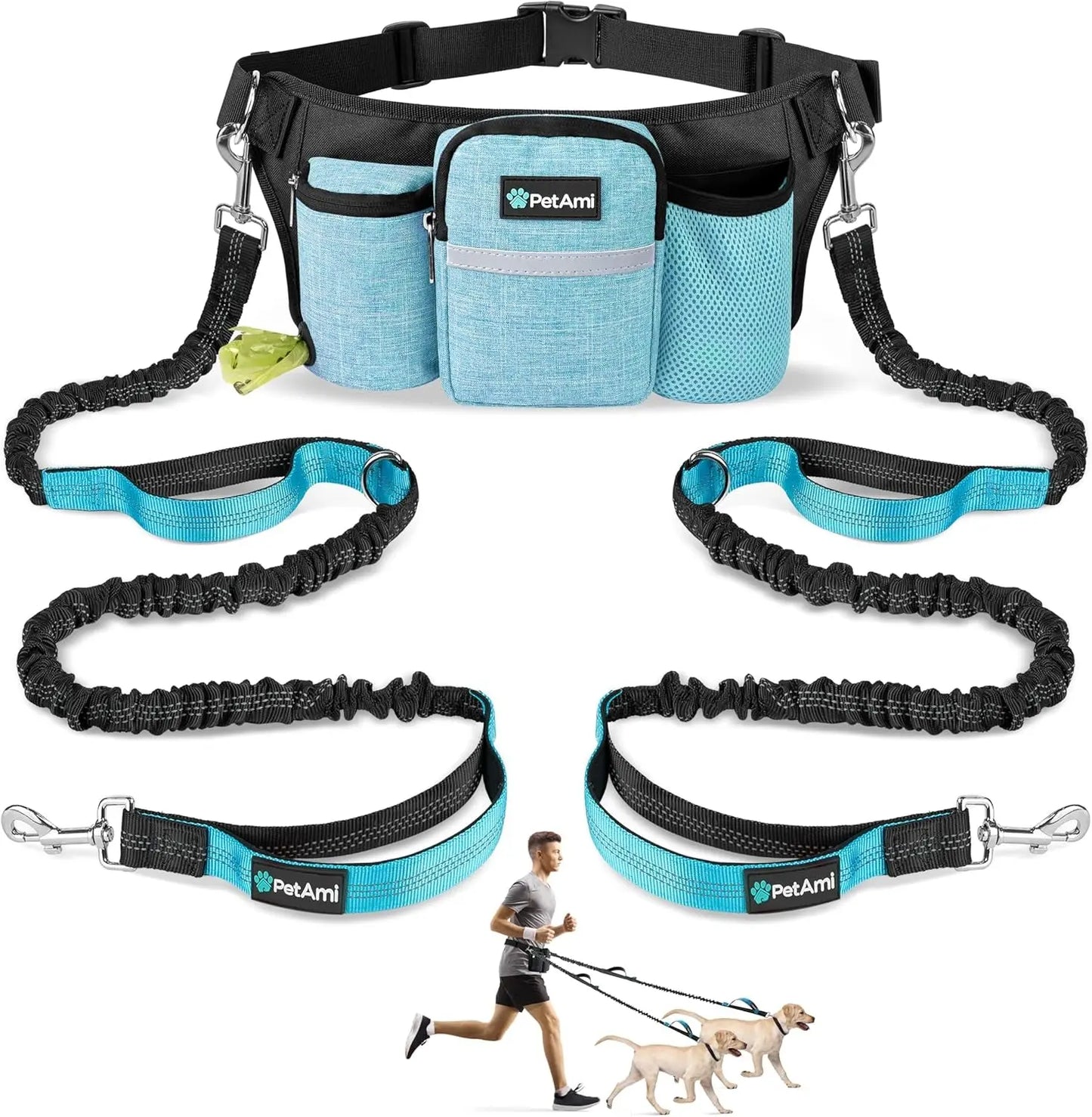 Hands Free Dog Leash Dual Bungee Waist Belt Adjustable Running Walking 2 Dogs Turquoise Blue 2 Leashes