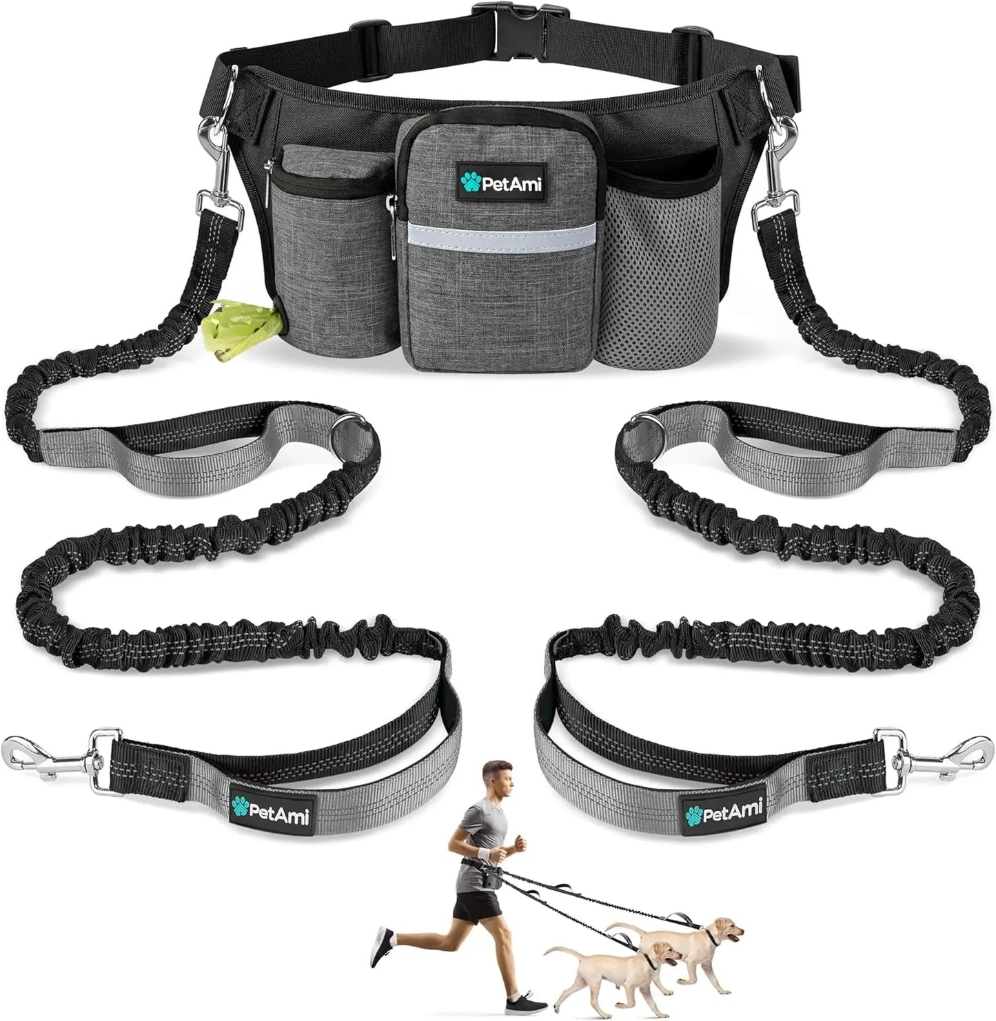 Hands Free Dog Leash Dual Bungee Waist Belt Adjustable Running Walking 2 Dogs Charcoal Grey 2 Leashes