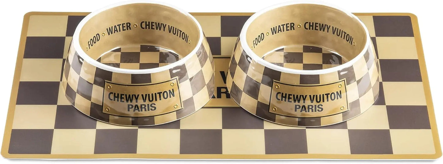 Haute Diggity Dog Chewy Vuiton Dog Bowl Set | BPA-Free, Non-Skid (2-Pack) Brown Cv Bowls + Mat
