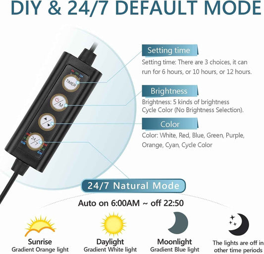 Clip on aquarium LED light with 24/7 timer and 7 colors for 7-20 inch fish tanks