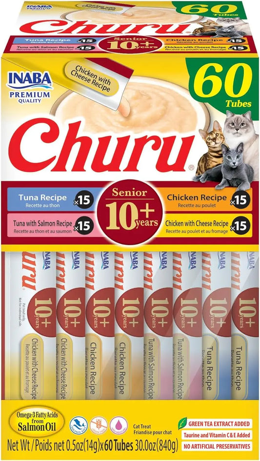 Churu Senior Cat Treats Taurine Hydration Lickable Tuna Chicken 40/60 Tubes Tuna Chicken Variety 1 Count (Pack Of 60)