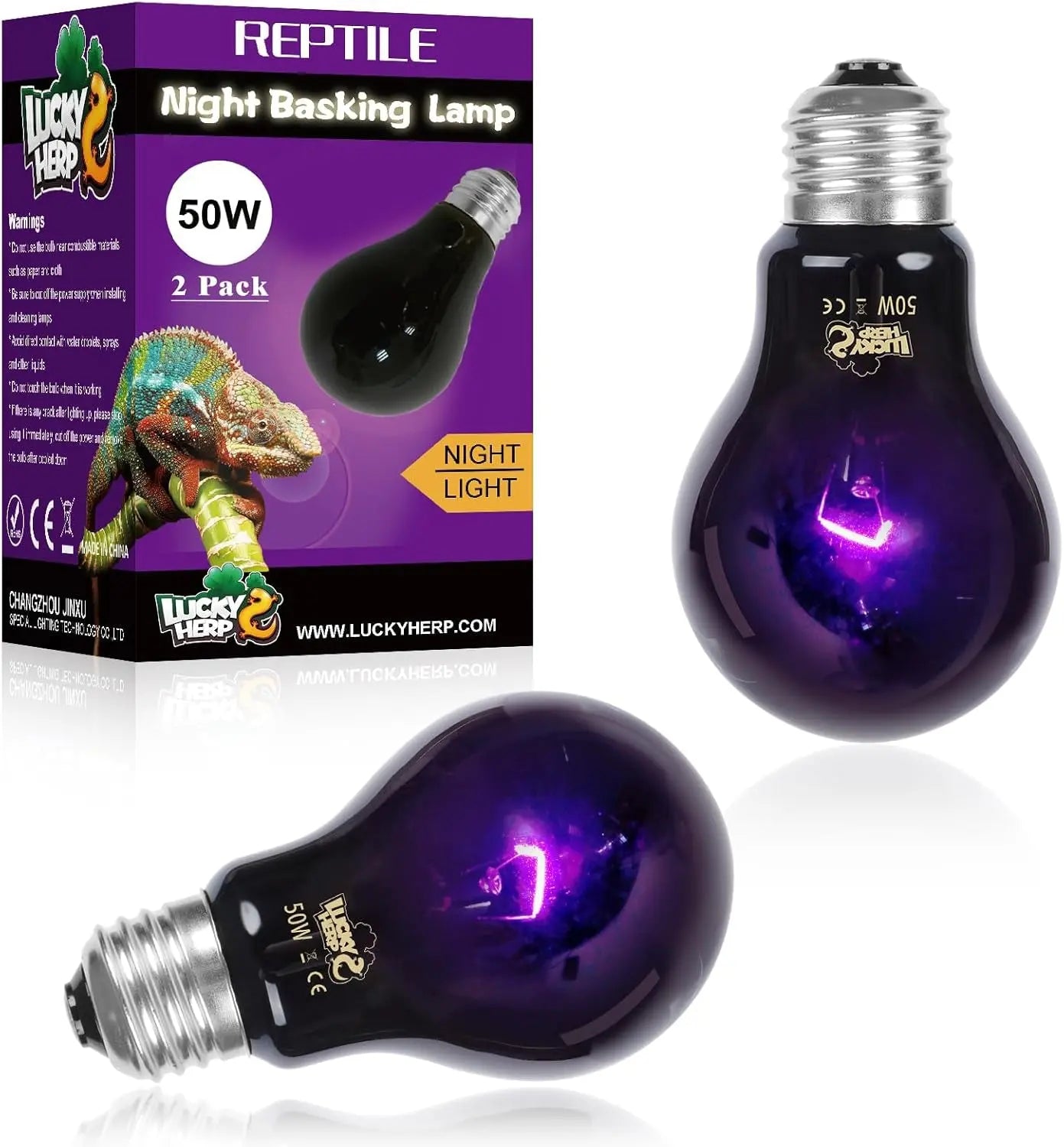 LUCKY HERP Reptile Night Heat Bulb 2 Pack 50W/75W UVA Heat Lamp E26 50.0 Watts