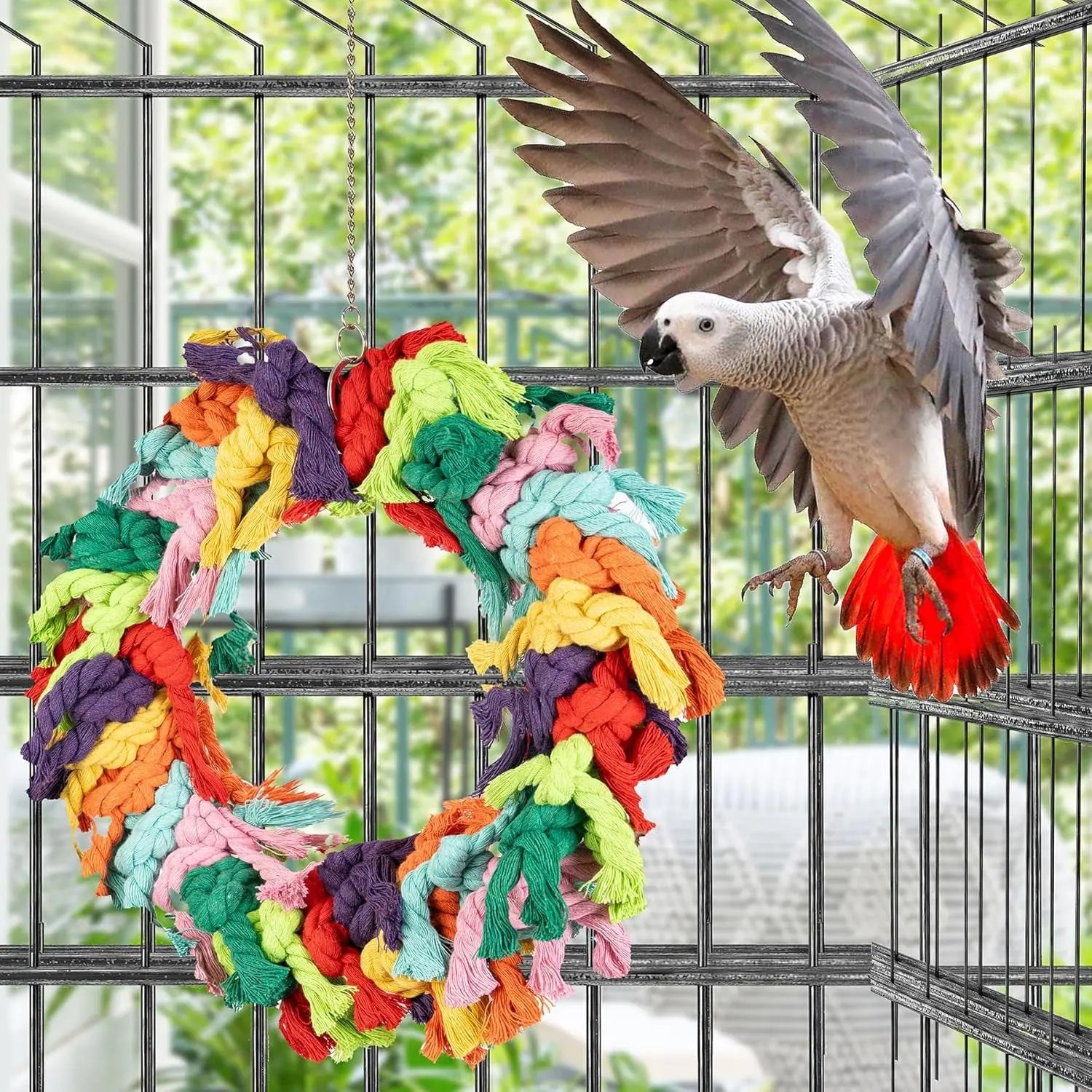 Large Bird Parrot Swing Cotton Rope Hanging Toy African Grey Cockatoo