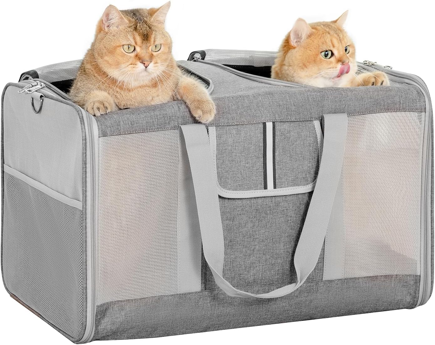 Large Dual Cat Carrier 38lb Capacity Soft Sided Pet Travel Bag w/ Divider & Mesh Grey(Extra Large)