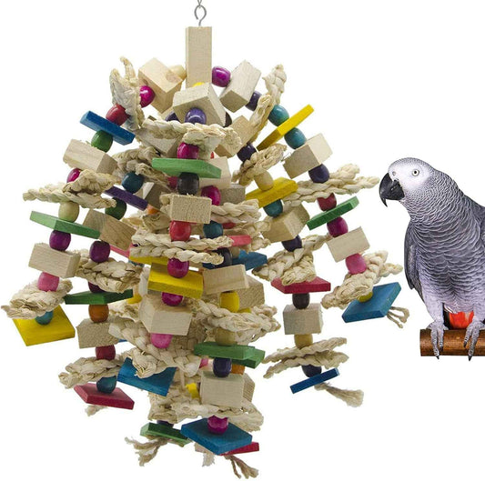 Large parrot chew toy with wooden blocks hanging in a cage for macaws and African greys