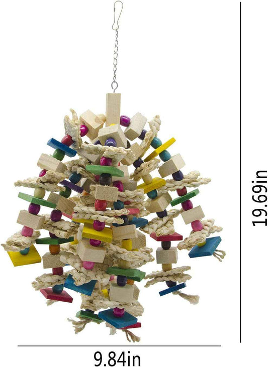 Large parrot chew toy with wooden blocks hanging in a cage for macaws and African greys