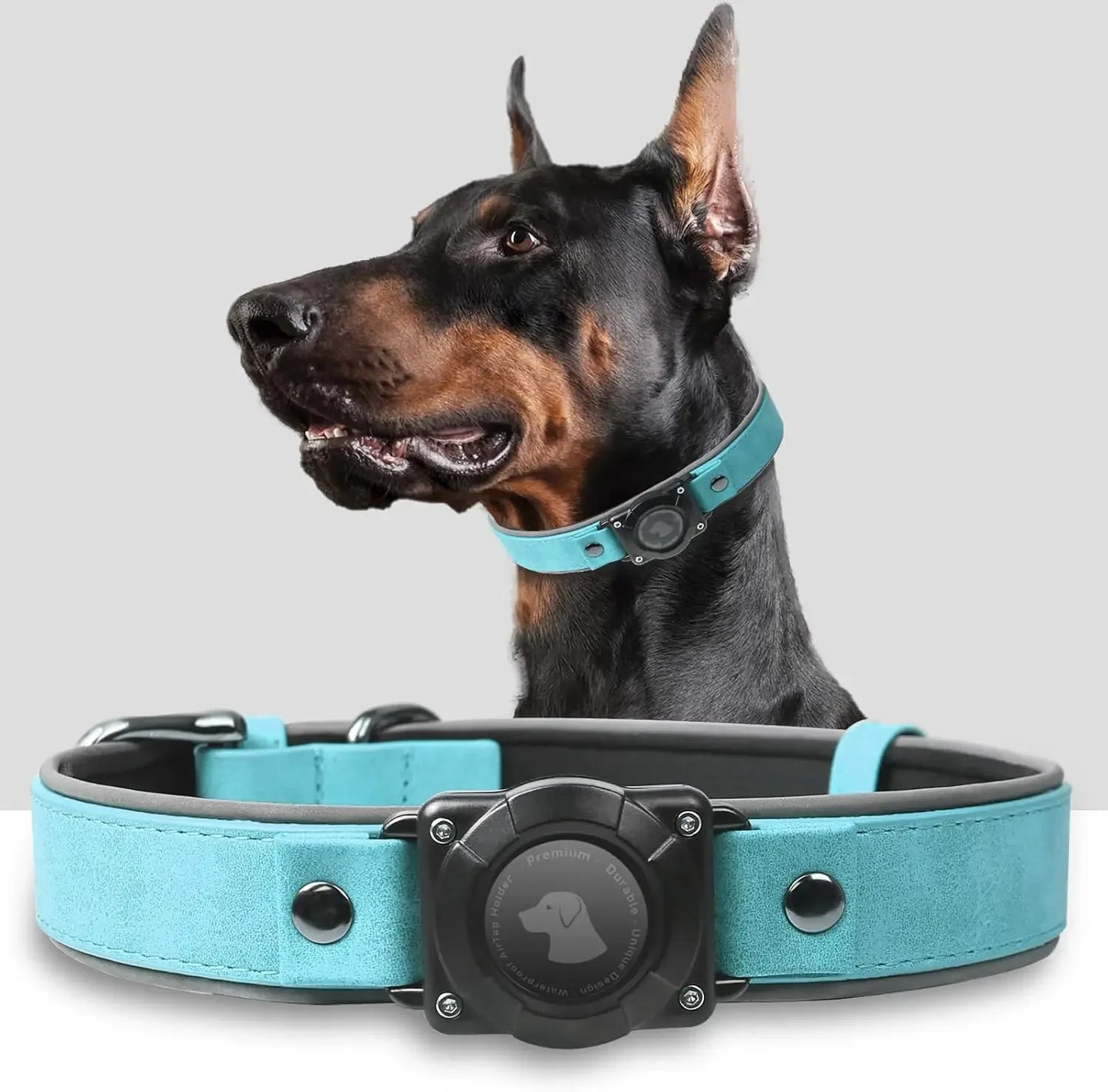 Leather AirTag Dog Collar with Built-In Holder, Reflective Adjustable Design Light Blue