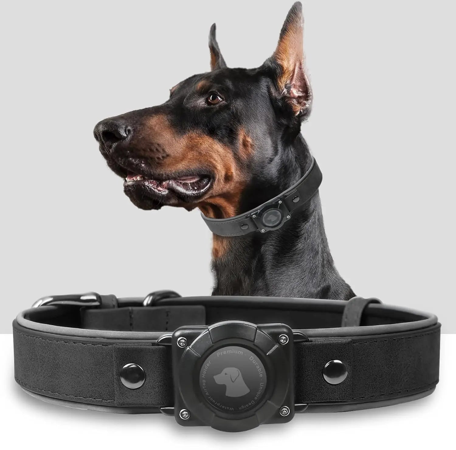 Leather AirTag Dog Collar with Built-In Holder, Reflective Adjustable Design Black