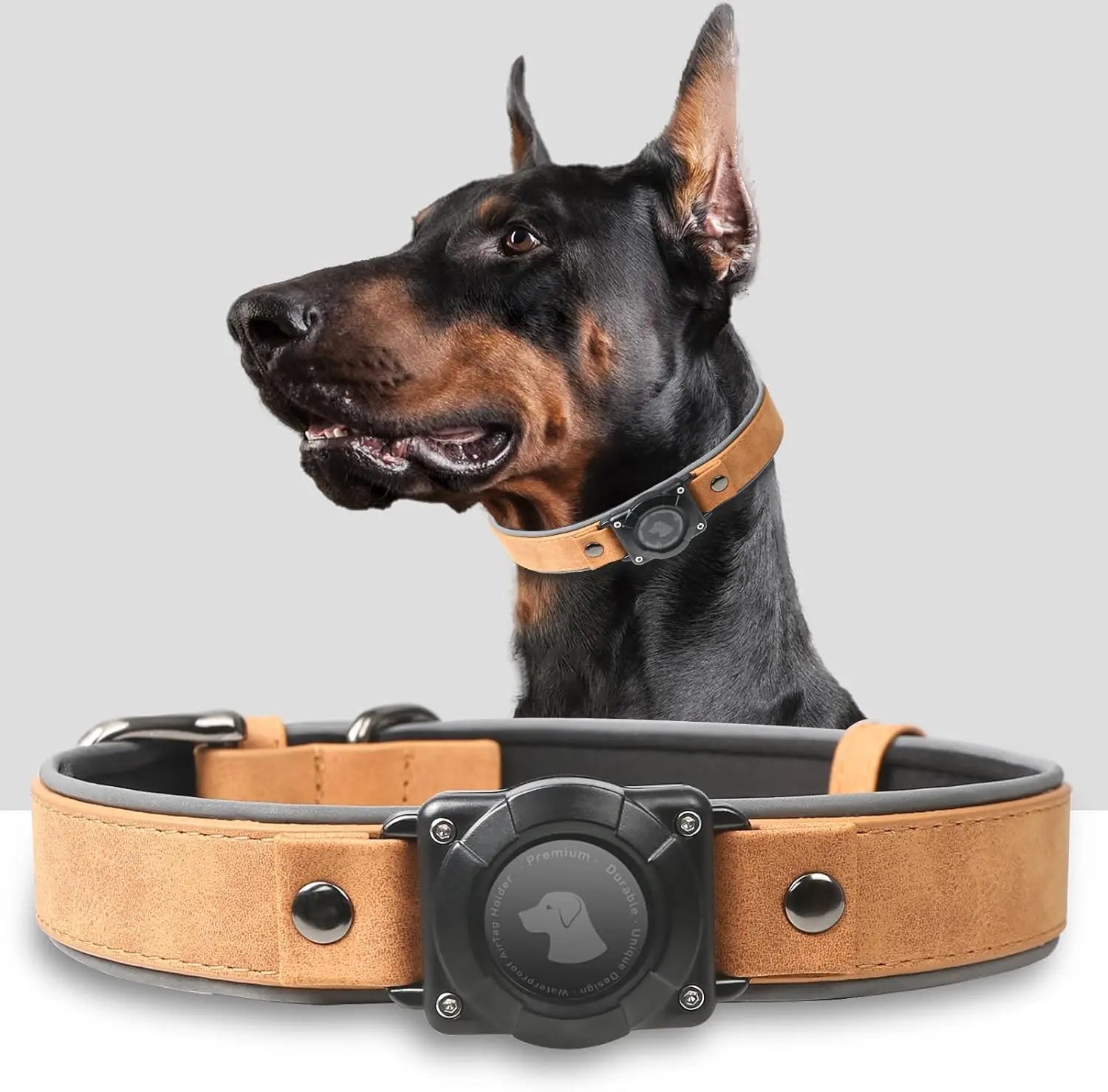 Leather AirTag Dog Collar with Built-In Holder, Reflective Adjustable Design Light Brown