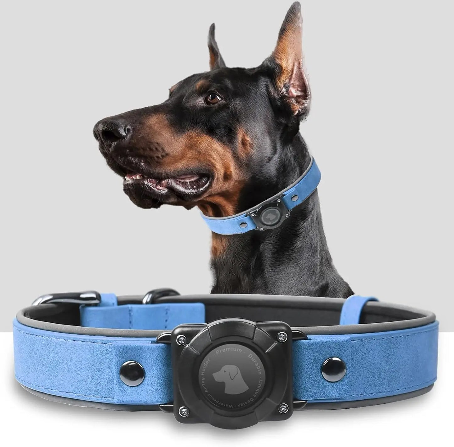 Leather AirTag Dog Collar with Built-In Holder, Reflective Adjustable Design Blue
