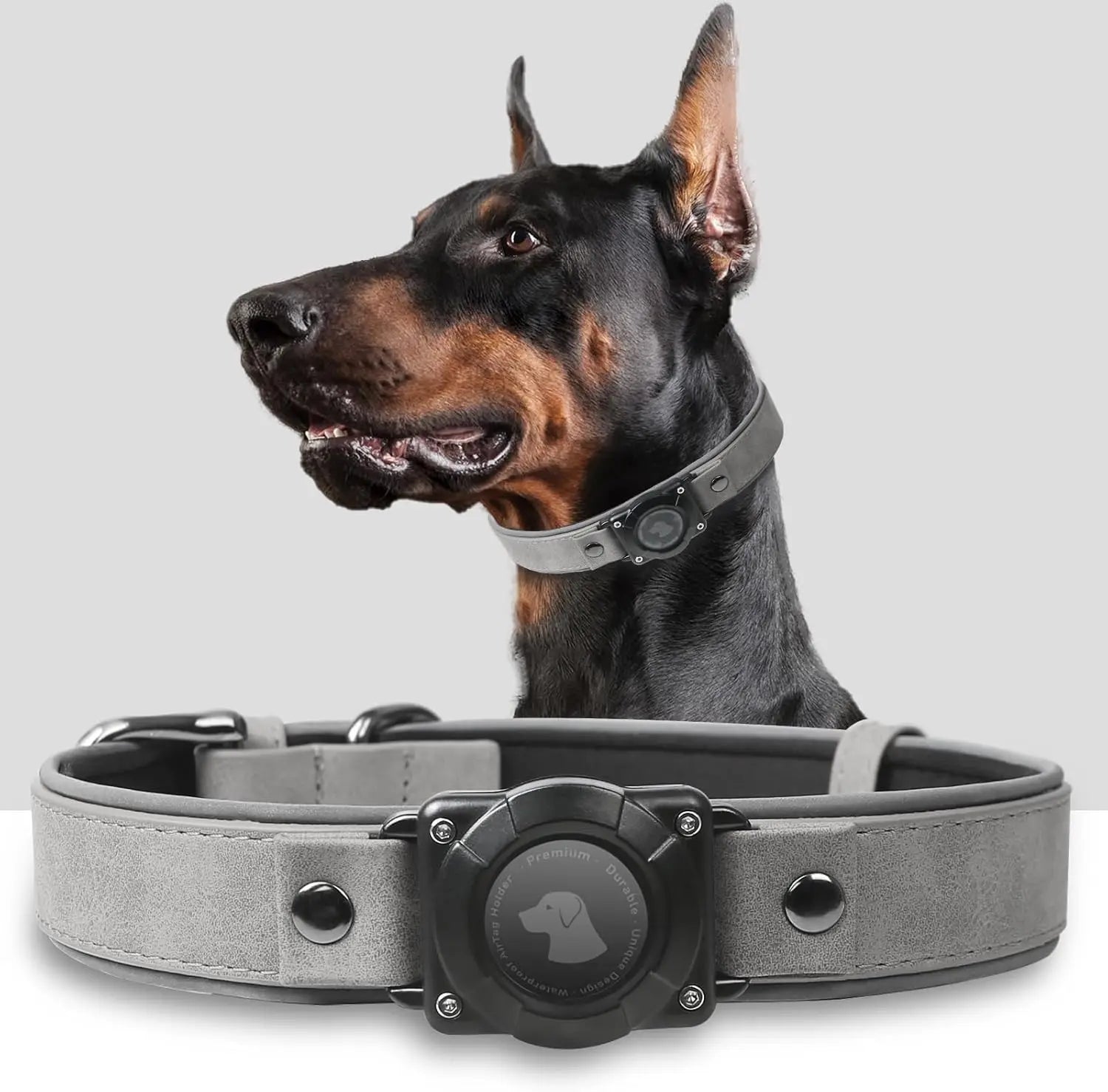 Leather AirTag Dog Collar with Built-In Holder, Reflective Adjustable Design Grey Xl(17.3"-23.6")