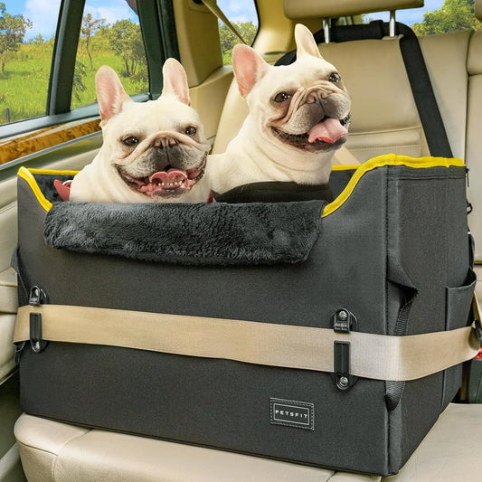 Luxury Dog Booster Car Seat Waterproof PU Leather Safe Buckles Dual Leash Black Oxford Cloth