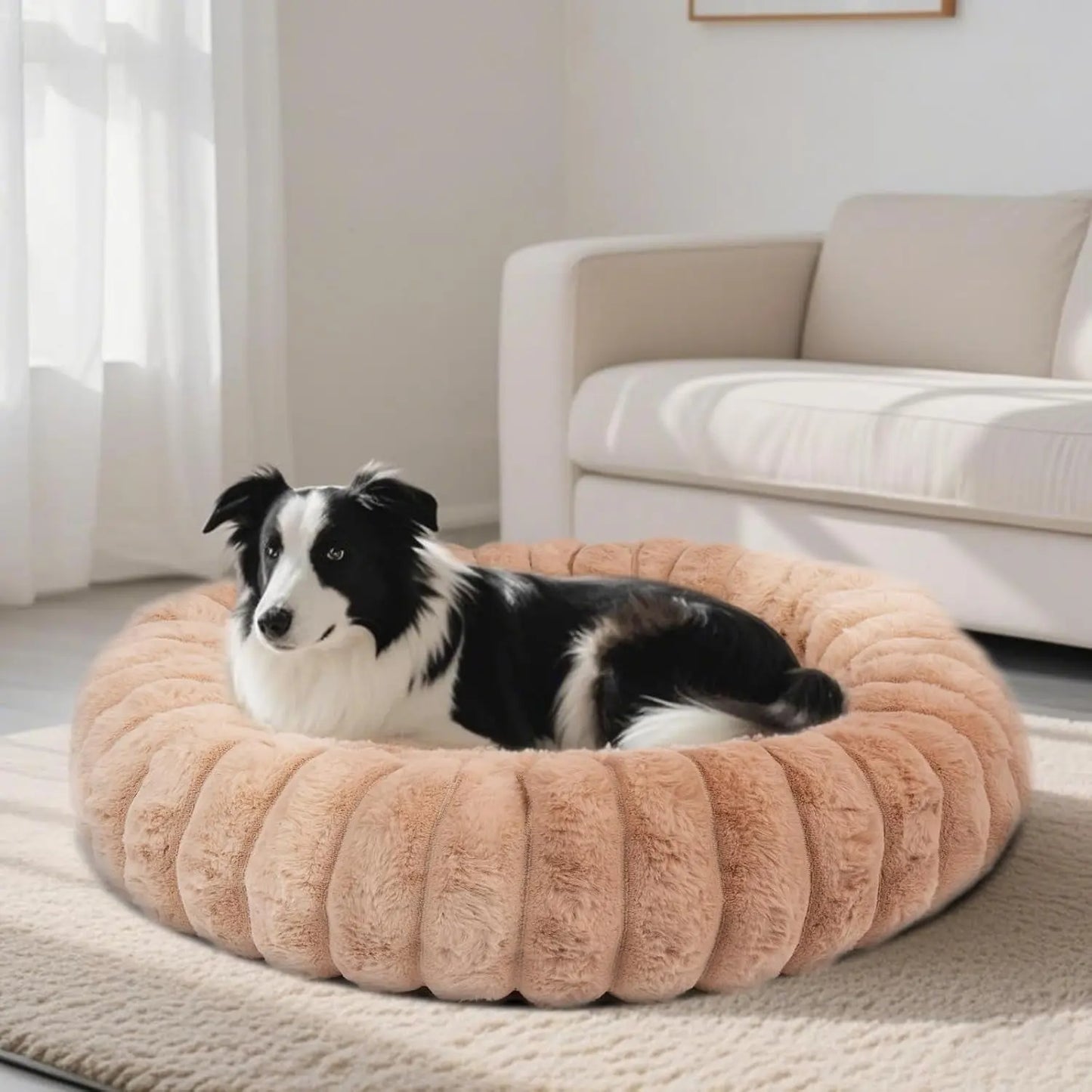 Luxury Donut Dog & Cat Bed, Faux Fur Calming Pet Bed with Non-Slip Base Brown