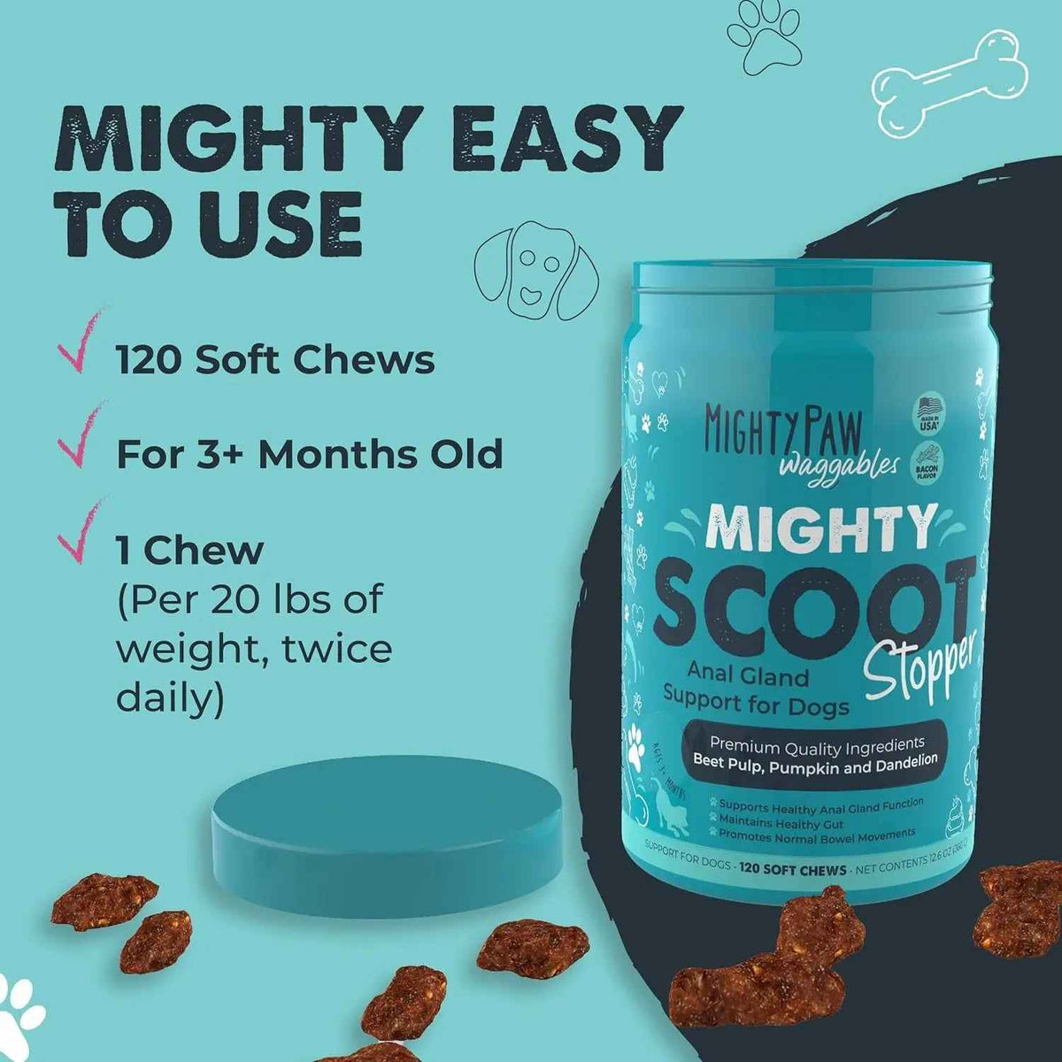 Mighty Scoot Dog Anal Gland & Digestive Support Fiber Chews 120 Ct