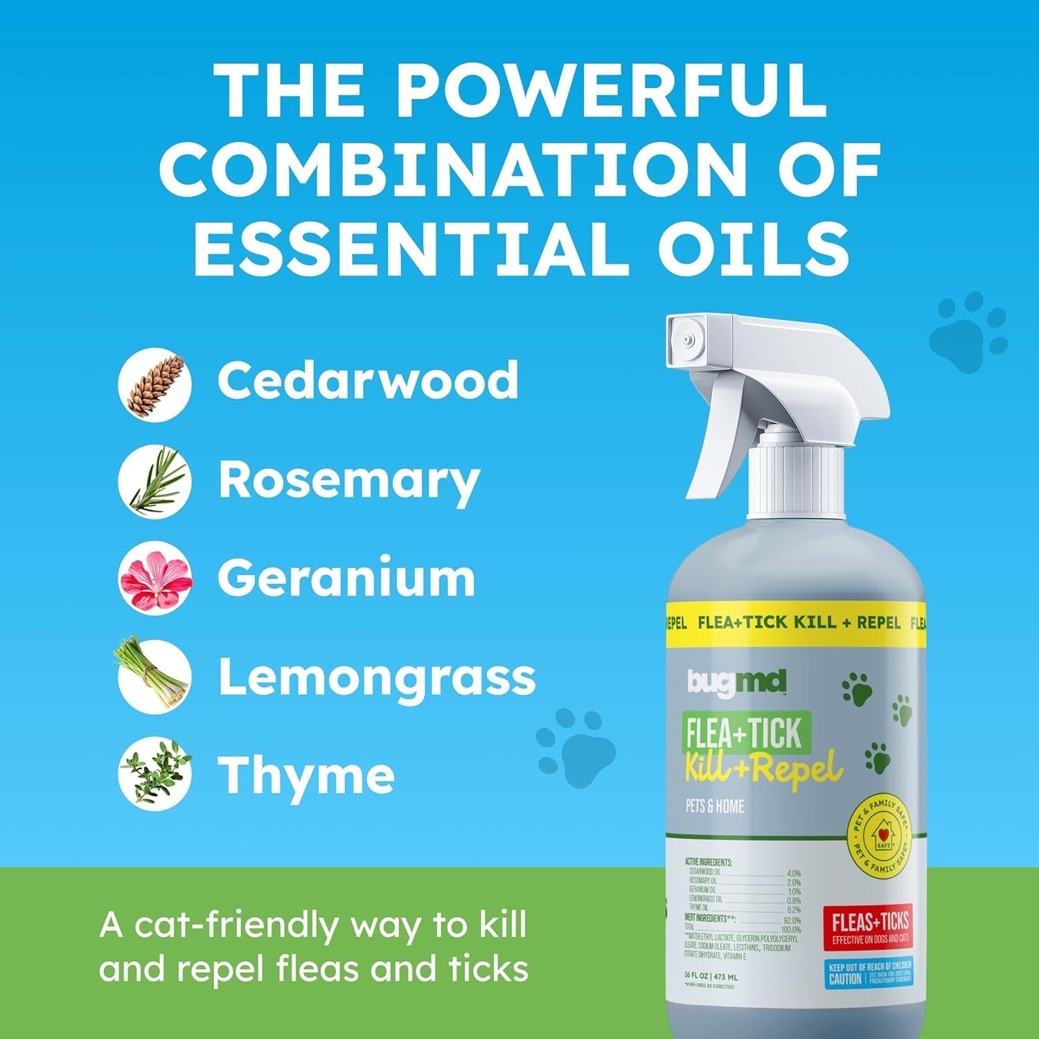 Natural Flea Spray Cats Home Tick Treatment Plant Based Essential Oils 16oz