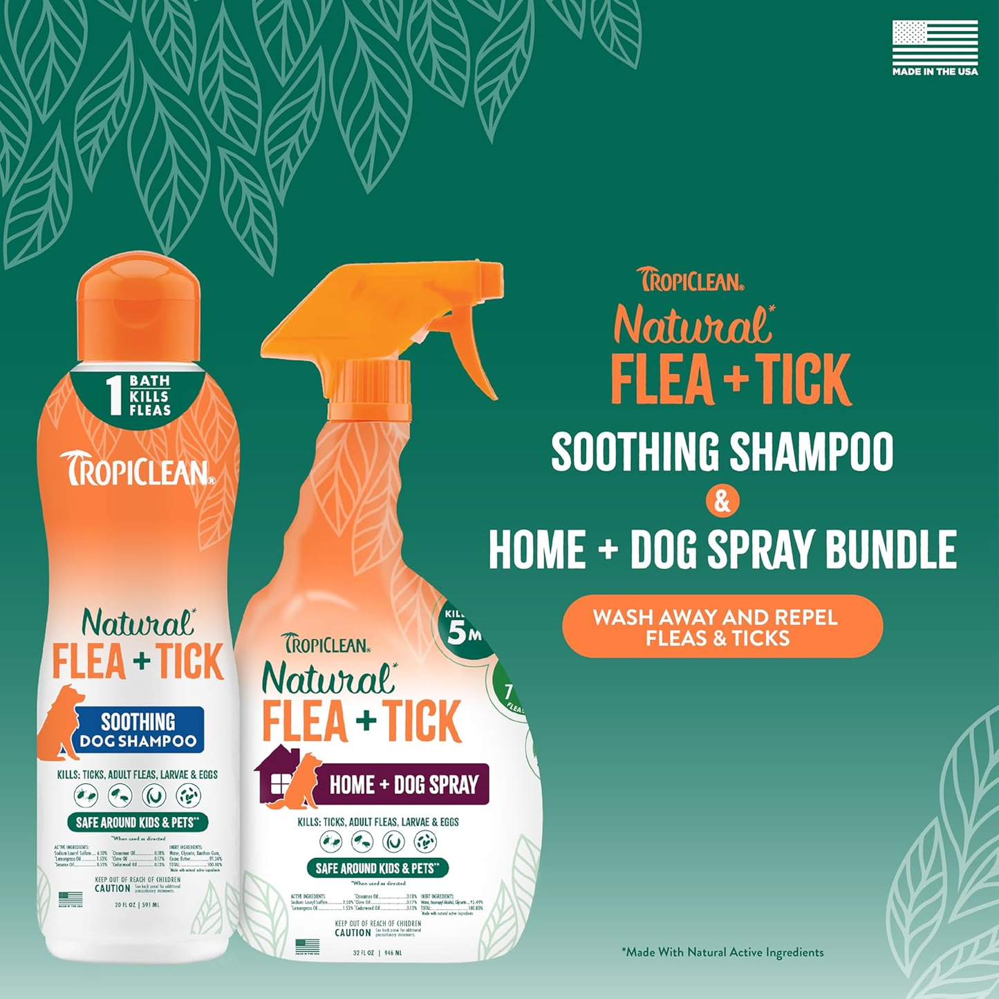 Natural Flea & Tick Dog Shampoo & Bedding Spray Bundle Soothing Treatment USA