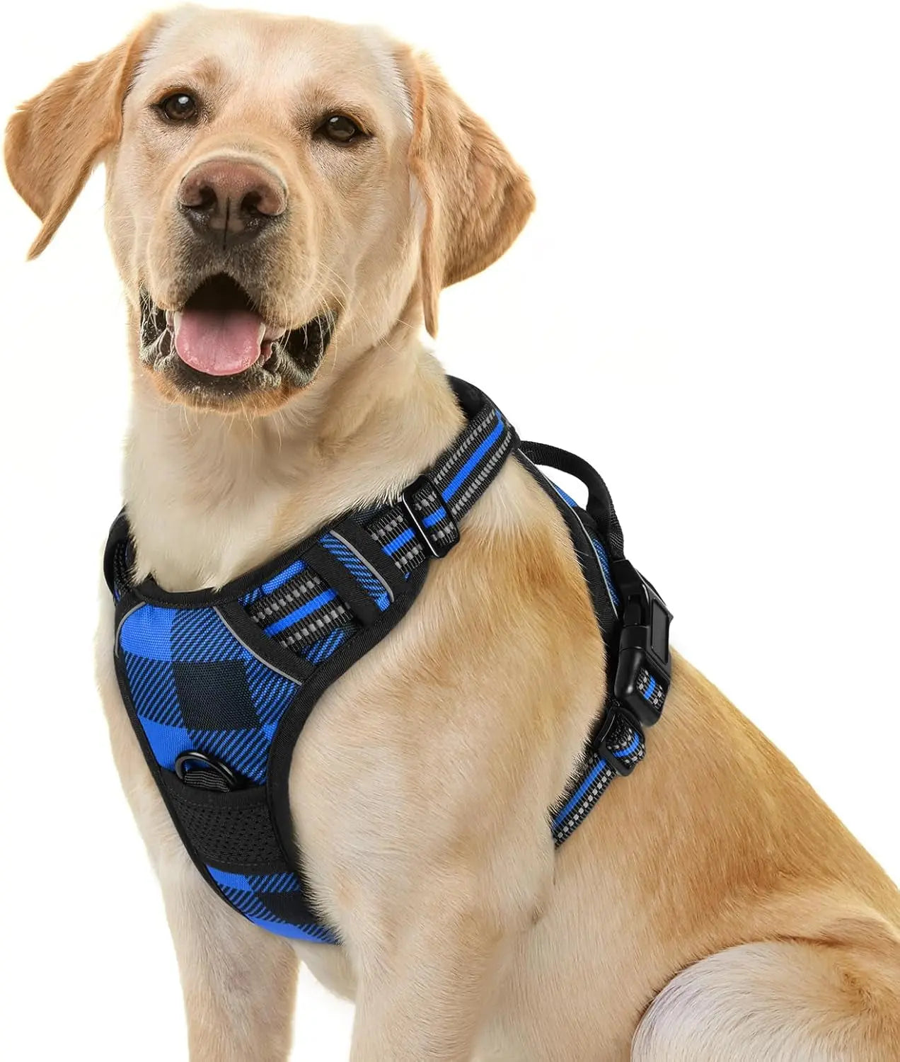 No Pull Dog Harness Reflective Adjustable Oxford Vest Dogs Control (All Sizes) Checkered Blue Large