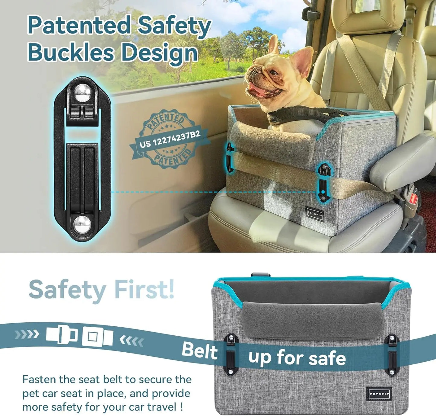PETSFIT Small Dog Booster Car Seat with Safety Buckles & Tether, Foldable