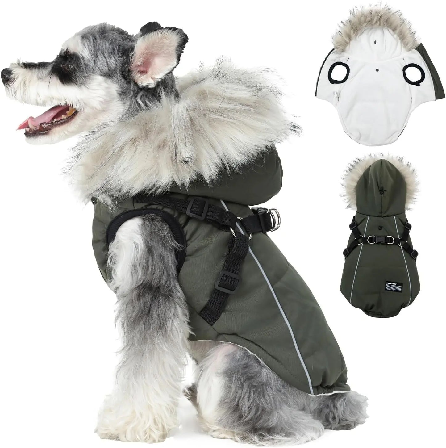 Waterproof Dog Coat Jacket with Faux Fur Hood & Reflective Strap Green Xxxl(Chest:23.6In, 19.8-22.0Lb)