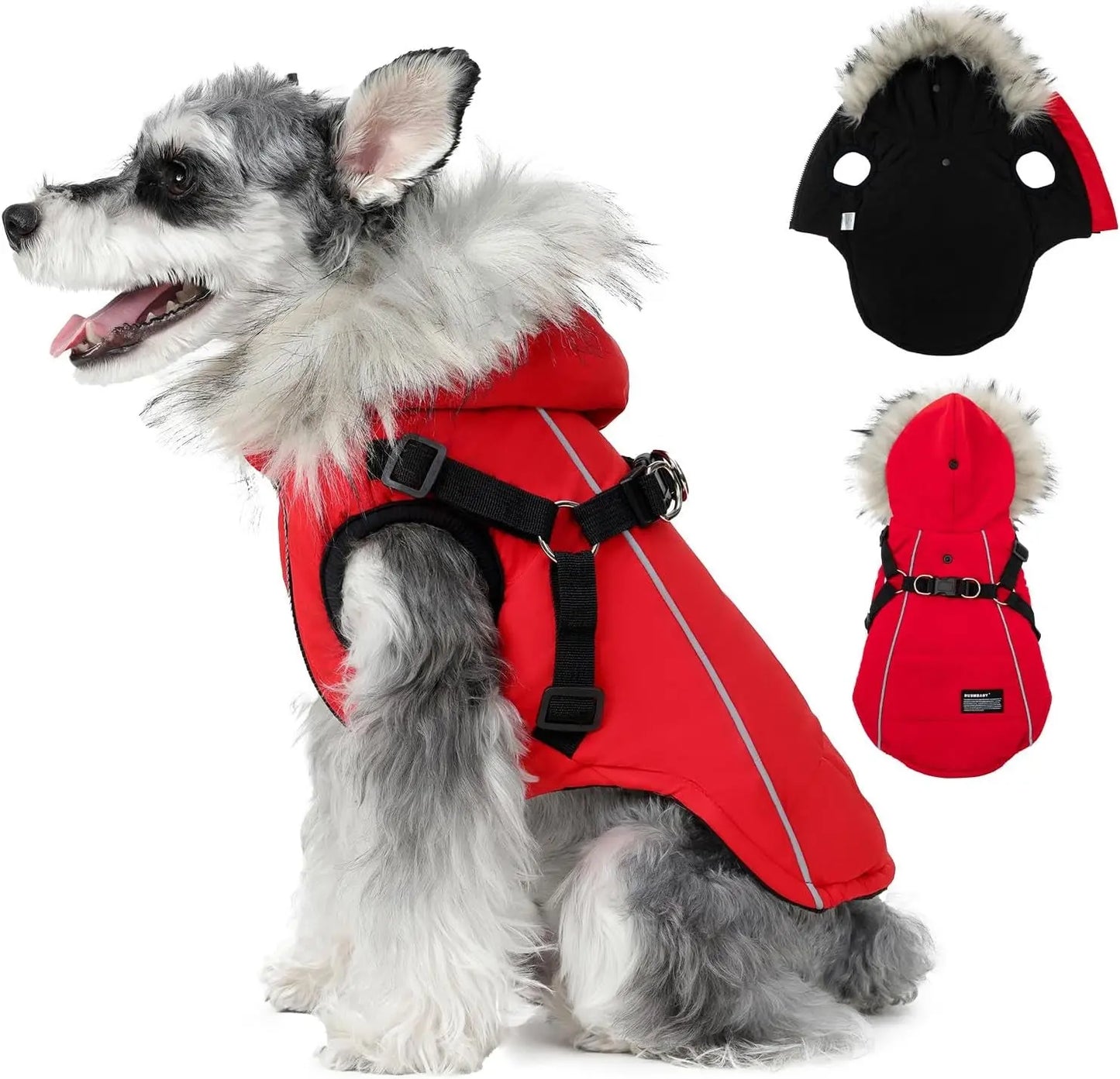 Waterproof Dog Coat Jacket with Faux Fur Hood & Reflective Strap Red Xxxl(Chest:23.6In, 19.8-22.0Lb)