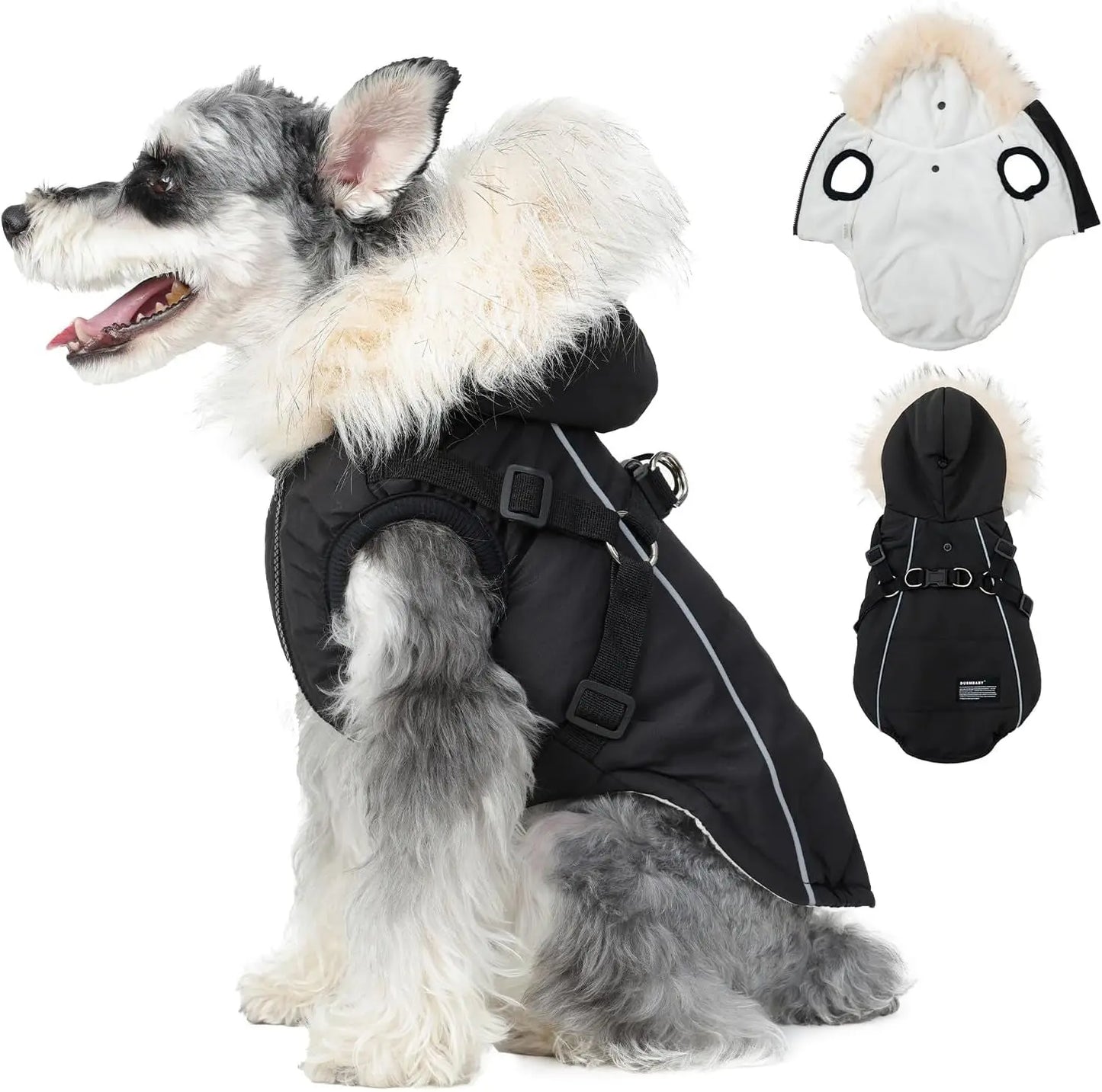 Waterproof Dog Coat Jacket with Faux Fur Hood & Reflective Strap Black Xxxl(Chest:23.6In, 19.8-22.0Lb)