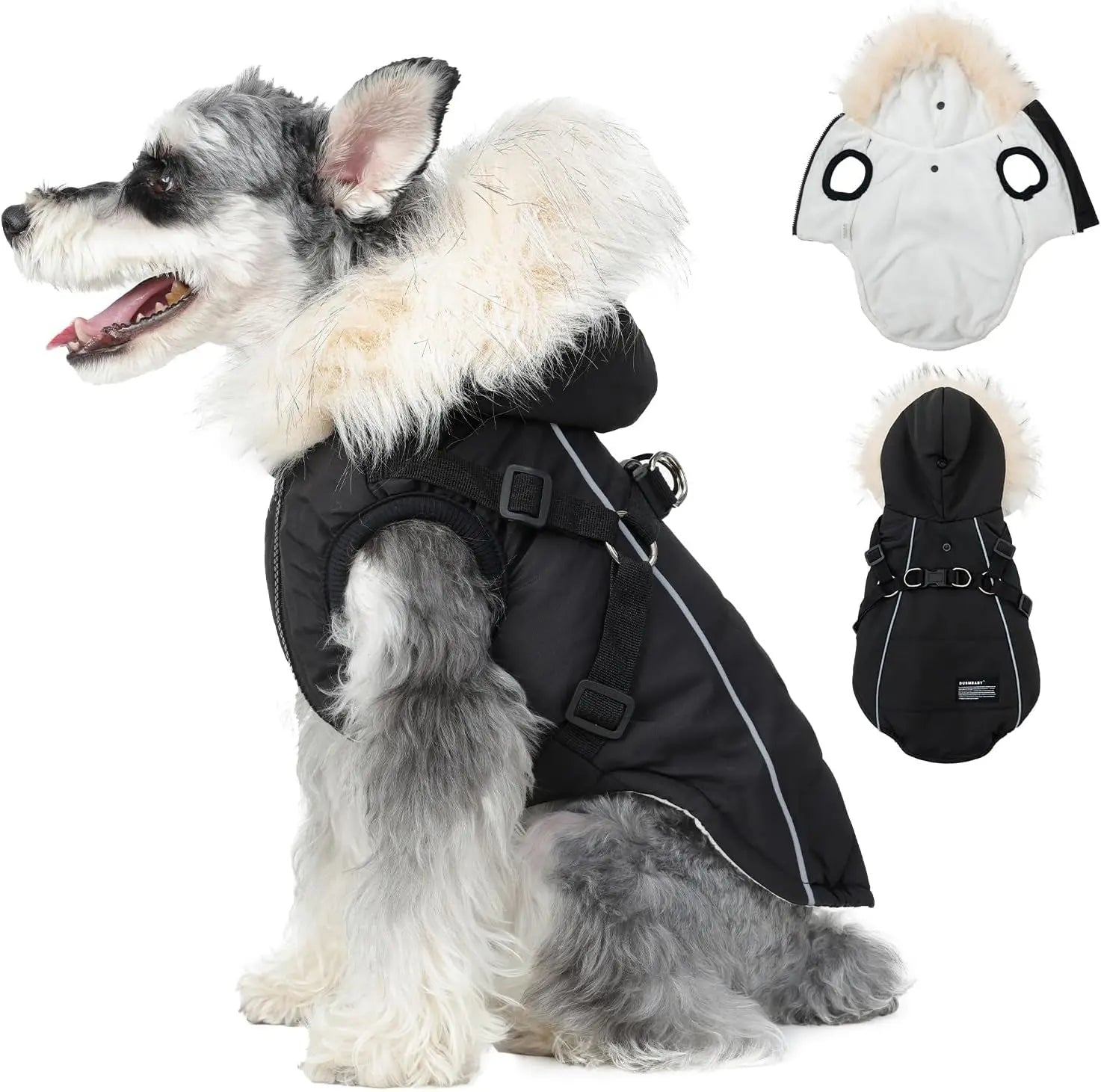 Waterproof Dog Coat Jacket with Faux Fur Hood & Reflective Strap Black Xxxl(Chest:23.6In, 19.8-22.0Lb)
