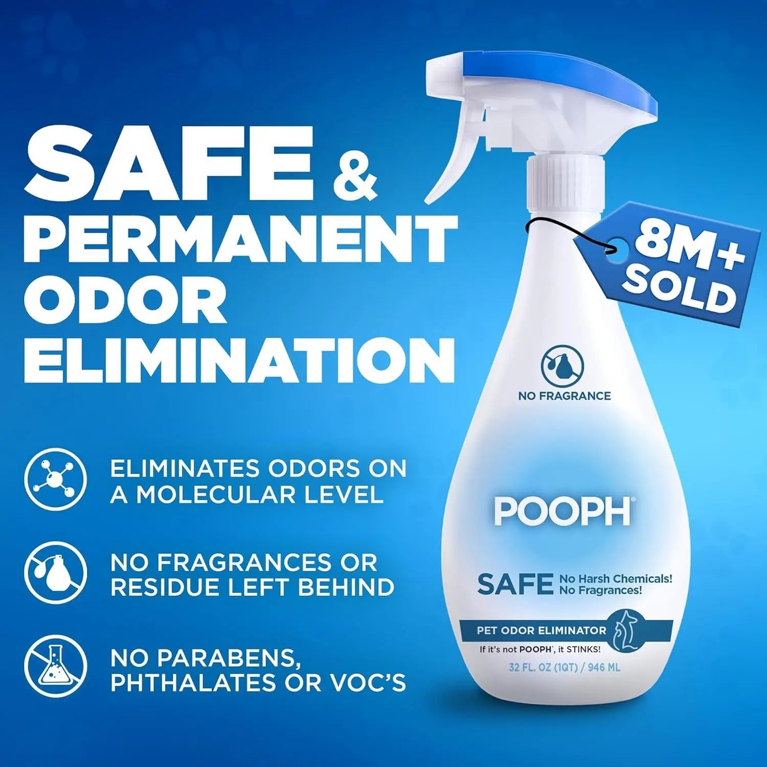 POOPH Pet Odor Eliminator Spray, 32 oz – Fragrance-Free Stain & Smell Remover