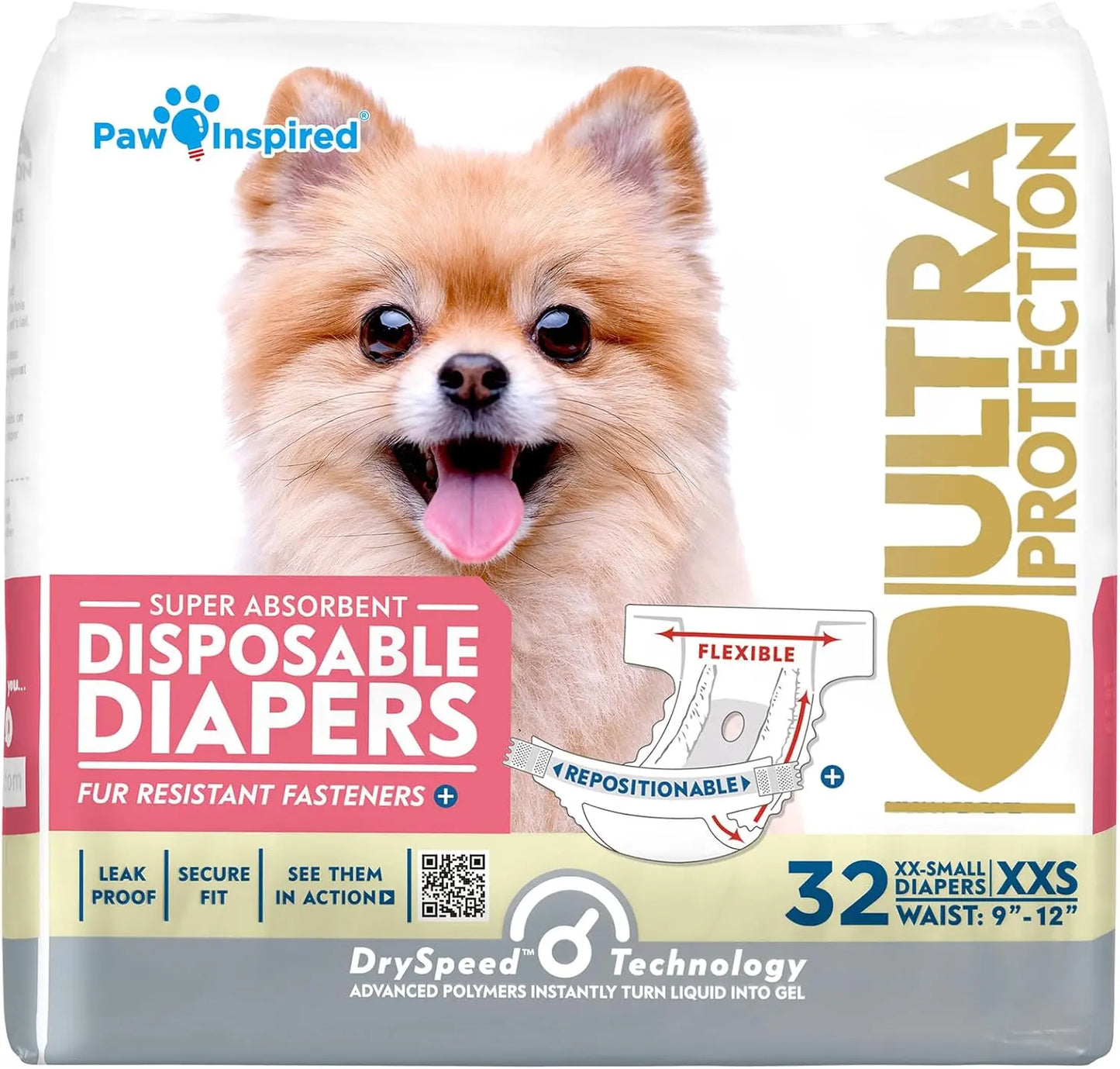 Paw Inspired Disposable Dog Diapers – Leakproof Protection for Dogs Xx-Small Toy (32 Count)
