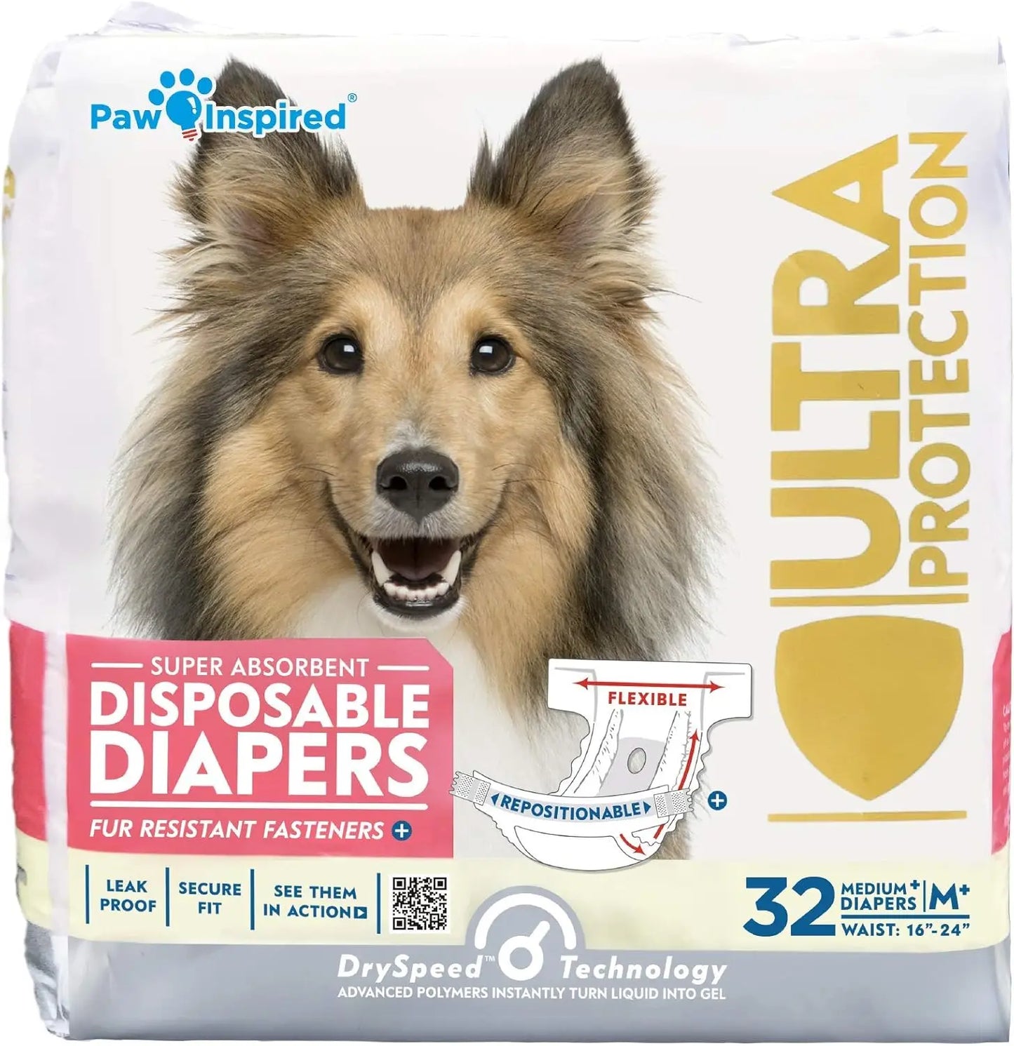 Paw Inspired Disposable Dog Diapers – Leakproof Protection for Dogs Medium+ (32 Count)