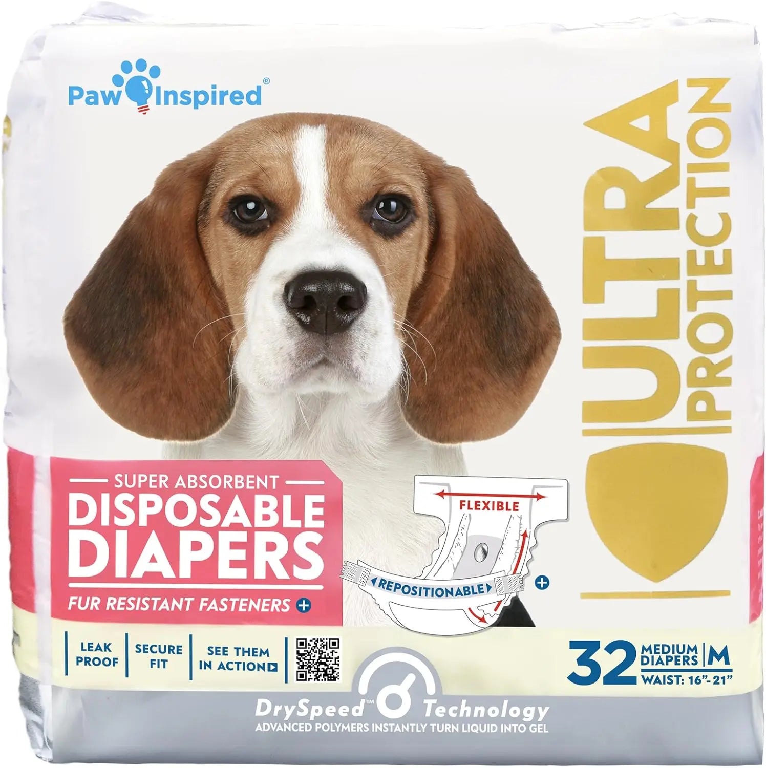 Paw Inspired Disposable Dog Diapers – Leakproof Protection for Dogs Medium (32 Count)
