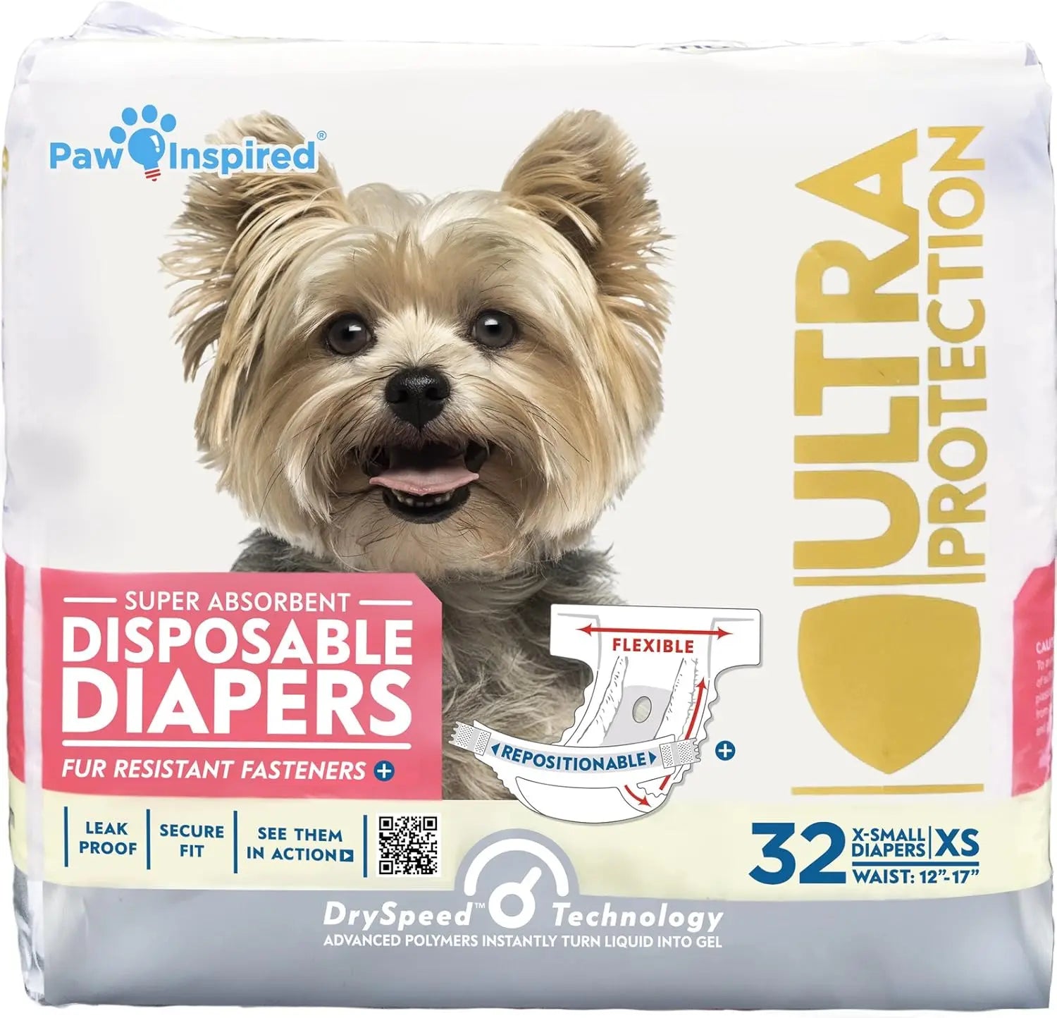 Paw Inspired Disposable Dog Diapers – Leakproof Protection for Dogs X-Small (32 Count)