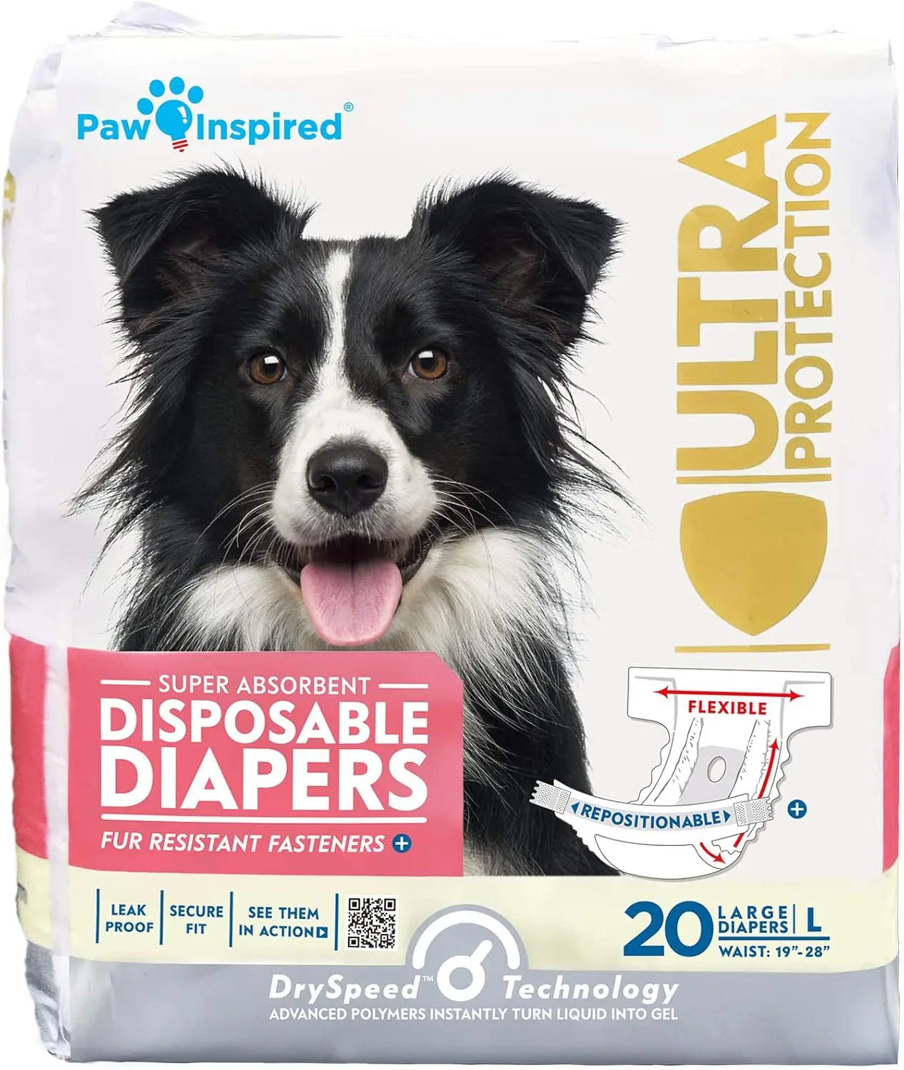 Paw Inspired Disposable Dog Diapers – Leakproof Protection for Dogs Large (20 Count)
