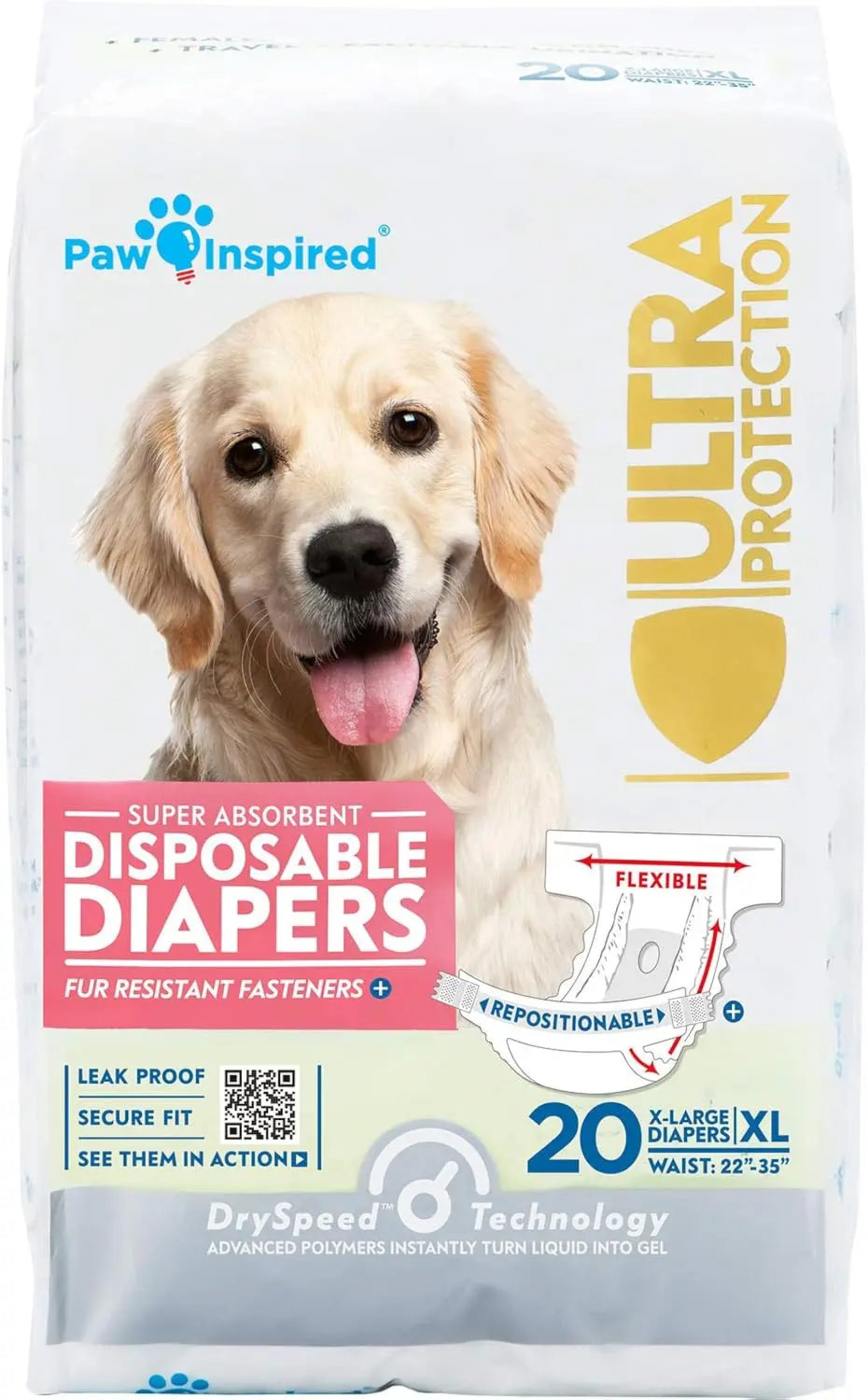 Paw Inspired Disposable Dog Diapers – Leakproof Protection for Dogs X-Large (20 Count)