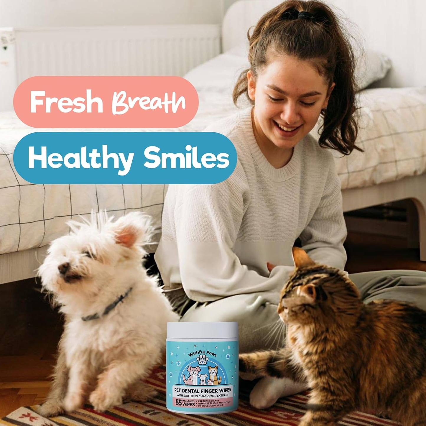 Pet Dental Wipes Dog Cat Teeth Cleaning Plaque Tartar Breath Freshener 55Ct