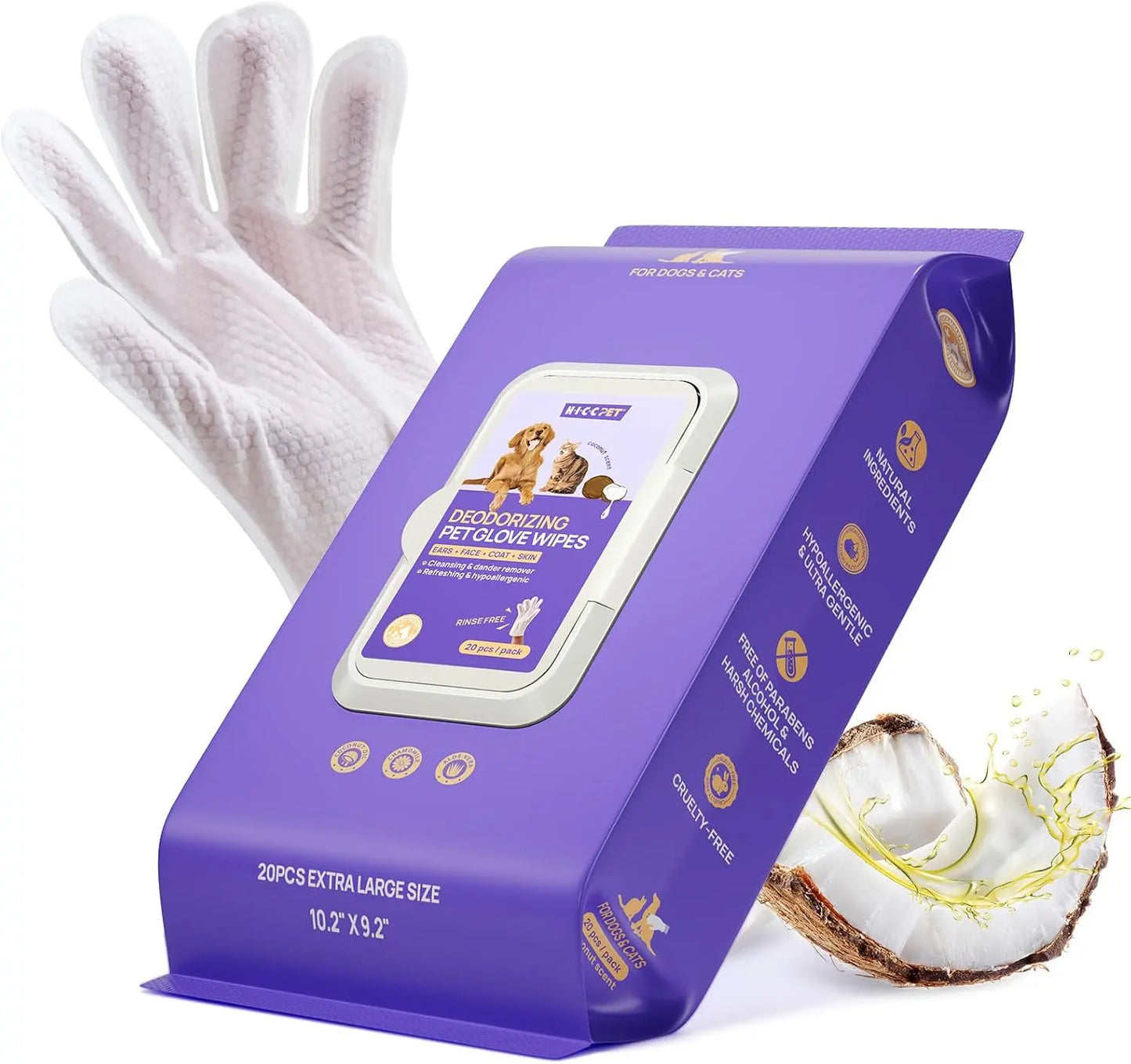 Pet Grooming Glove Wipes for Dogs & Cats – Hypoallergenic, Deodorizing, Vet-Approved Coconut Scent 20 Pcs