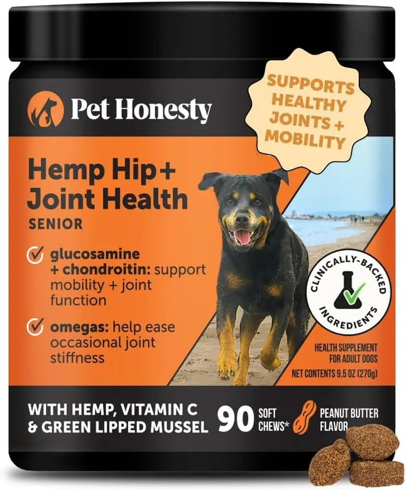 Pet Honesty Senior Hemp Hip & Joint Chews for Dogs | Mobility Support 90 Ct Peanut Butter - Senior 90 Ct