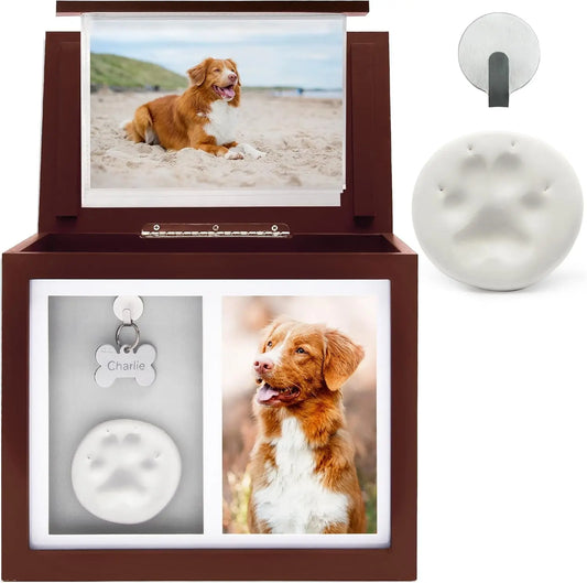 Pet Memorial Urn Keepsake Box with Photo Frame, Paw Print Kit & Photo Album Brown