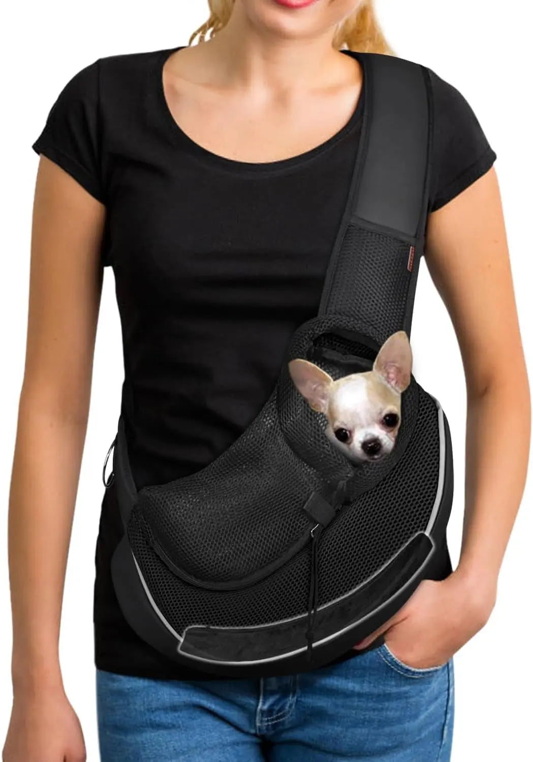 Pet Sling Carrier Adjustable Breathable Hands Free Small Dog Cat Travel Black 3.0 Max (Bottom Support)