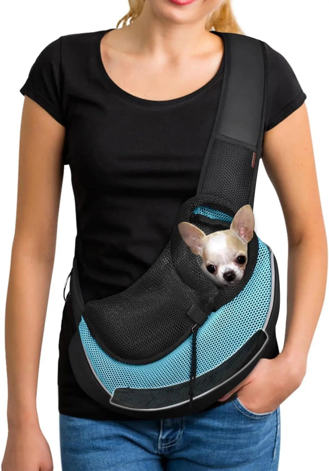 Pet Sling Carrier Adjustable Breathable Hands Free Small Dog Cat Travel Cyan 3.0 Max (Bottom Support)