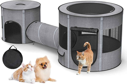 Portable pet playpen with tunnel, foldable 3-in-1 design for indoor and outdoor use with small pets and cats