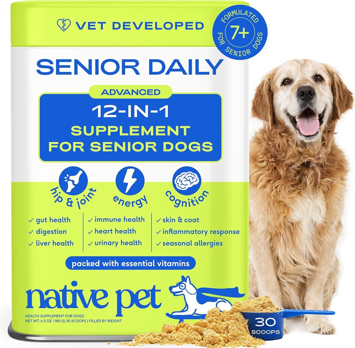 Senior Dog Multivitamin Powder 12-in-1 Joint Brain Digestion Immune 30 Scoops Senior Daily 30 Scoops