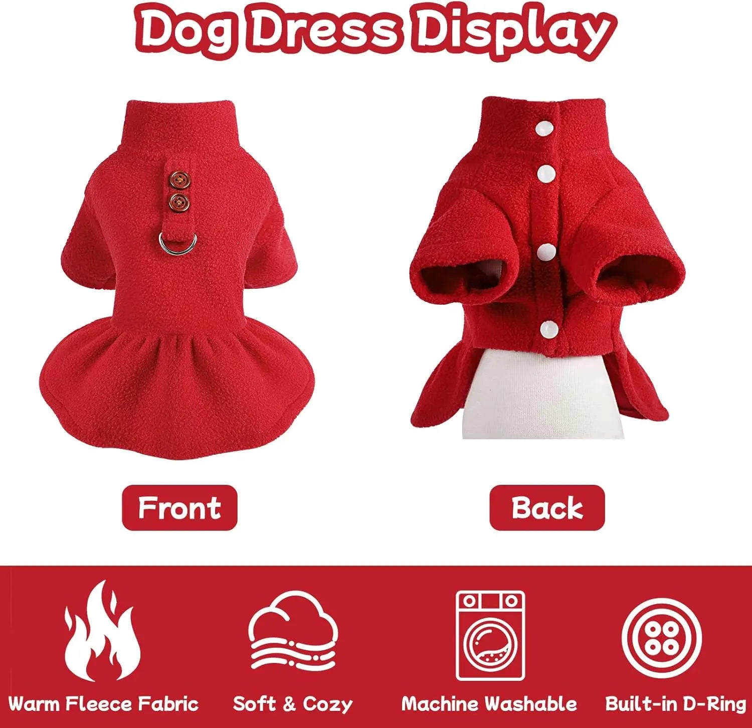 Small Dog Fleece Sweater Dress with Skirt & D-Ring Winter Puppy Outfit