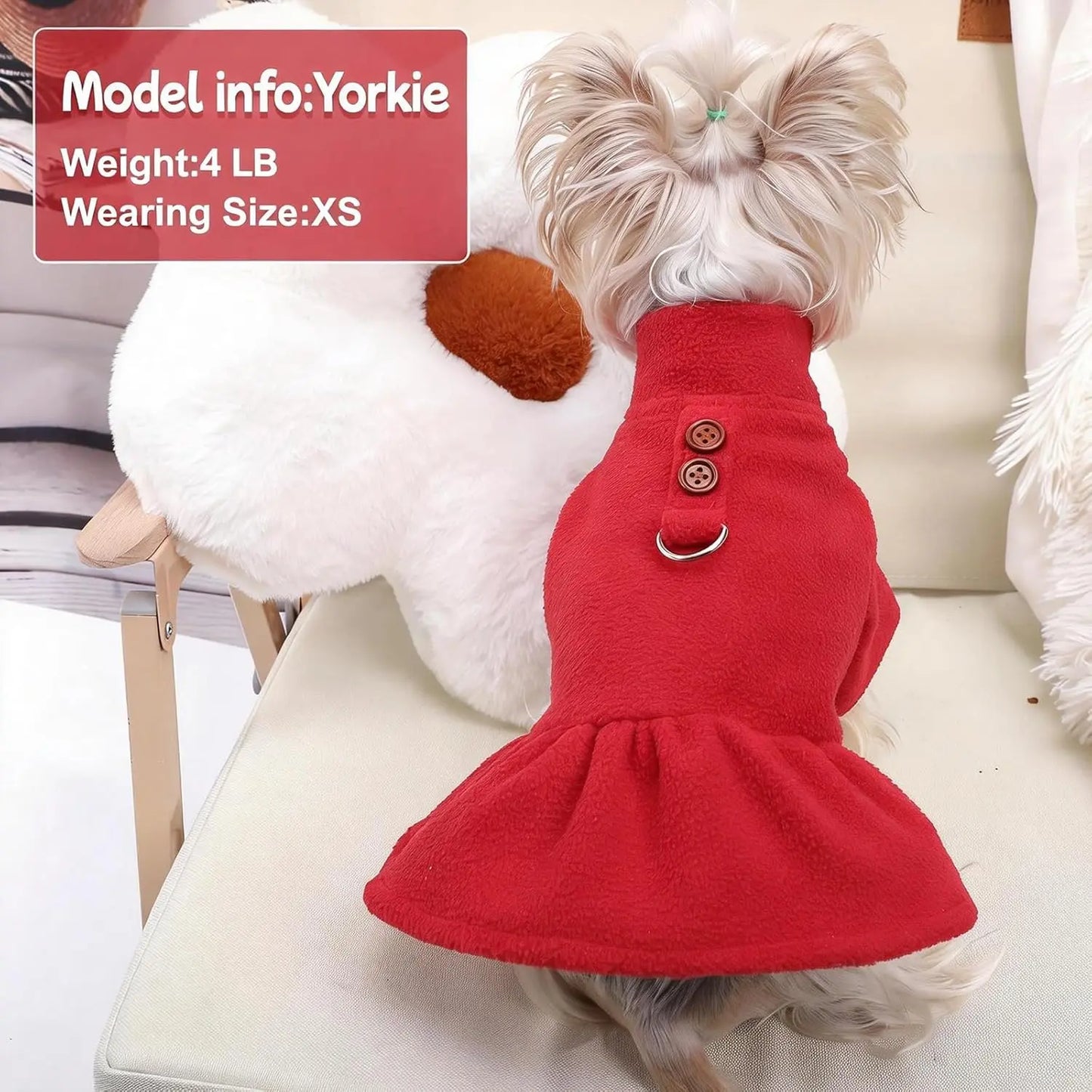 Small Dog Fleece Sweater Dress with Skirt & D-Ring Winter Puppy Outfit