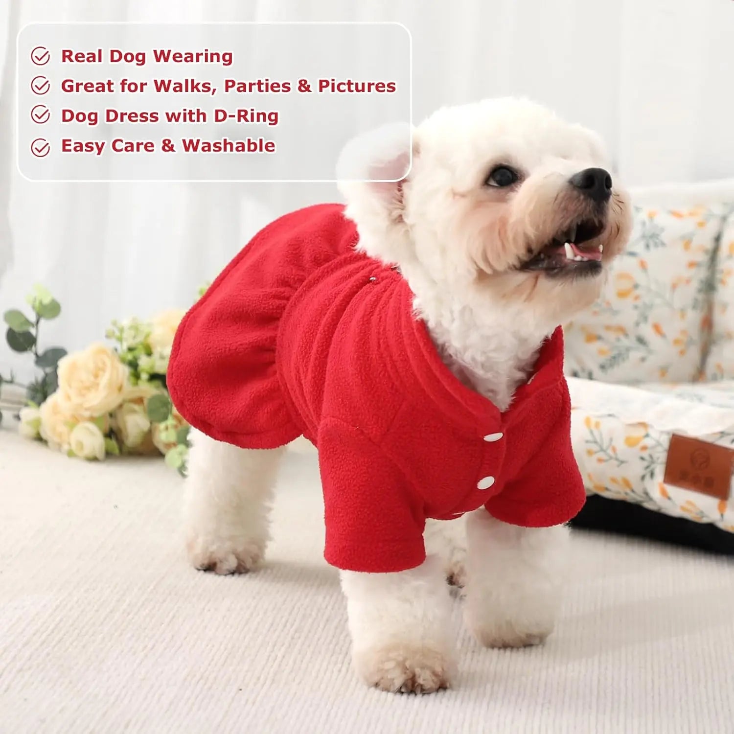 Small Dog Fleece Sweater Dress with Skirt & D-Ring Winter Puppy Outfit