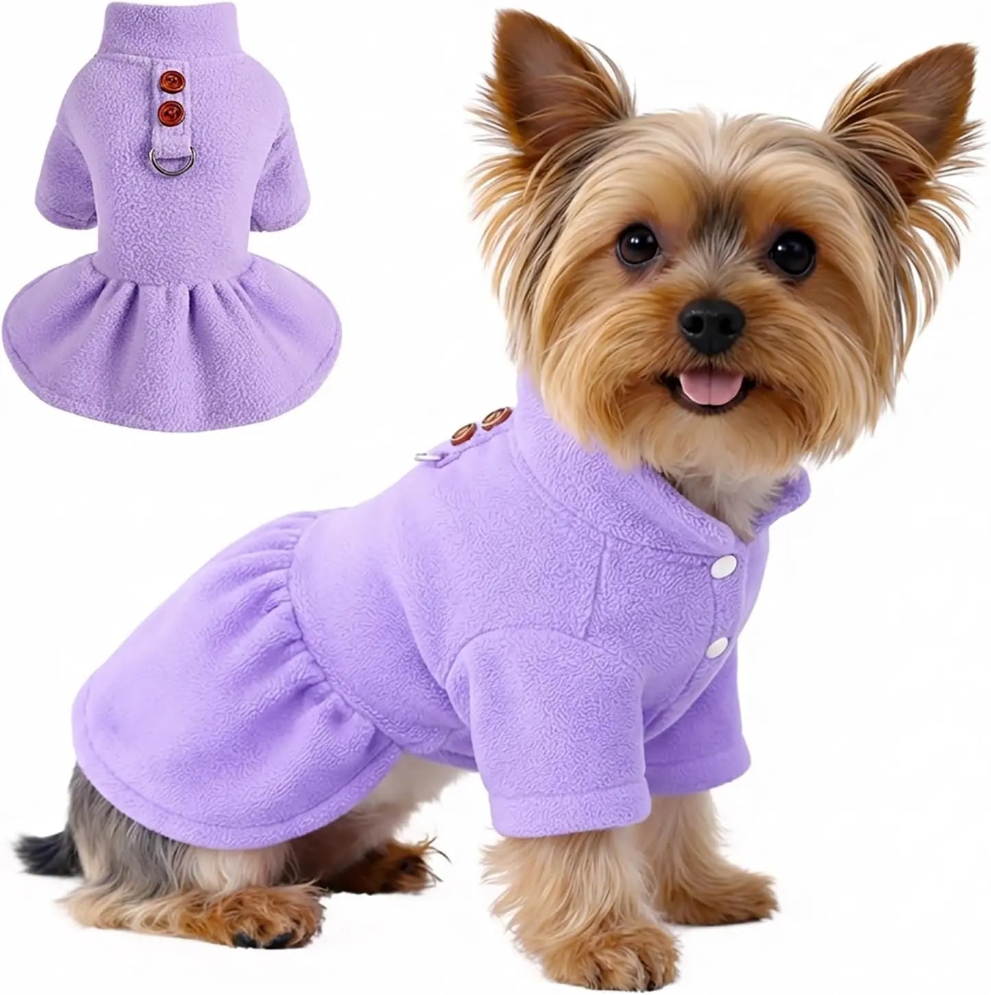 Small Dog Fleece Sweater Dress with Skirt & D-Ring Winter Puppy Outfit Purple