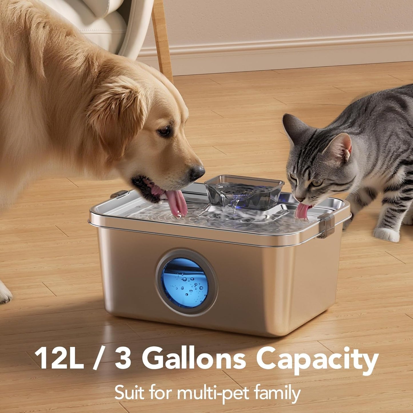 Stainless Steel 3 Gallon Pet Water Fountain Ultra Quiet Smart Pump Multi Pet